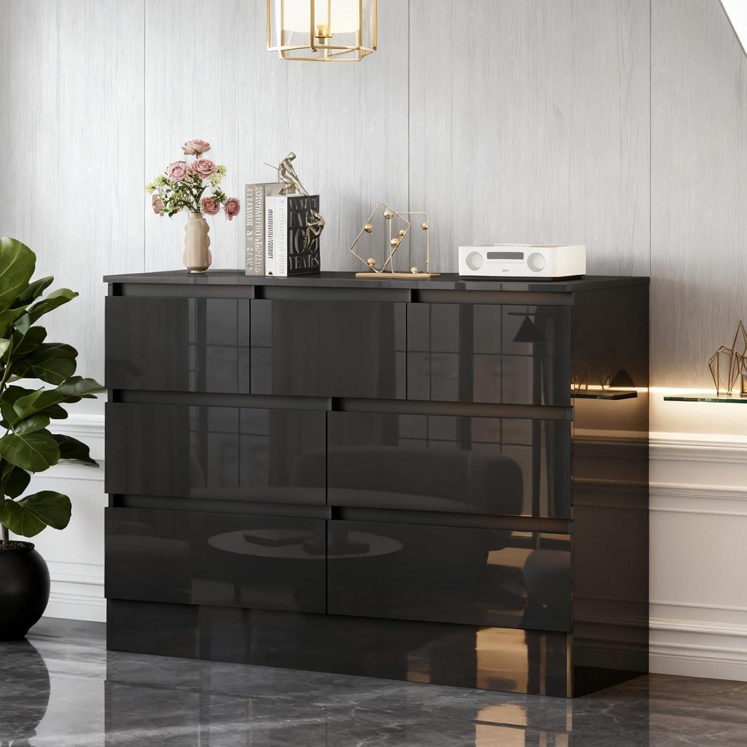 LuxusKollektion Kommode Kommode Hochglanz 6 8 Schubladen Sideboard Stauraum Black 7 Drawer (1 St)