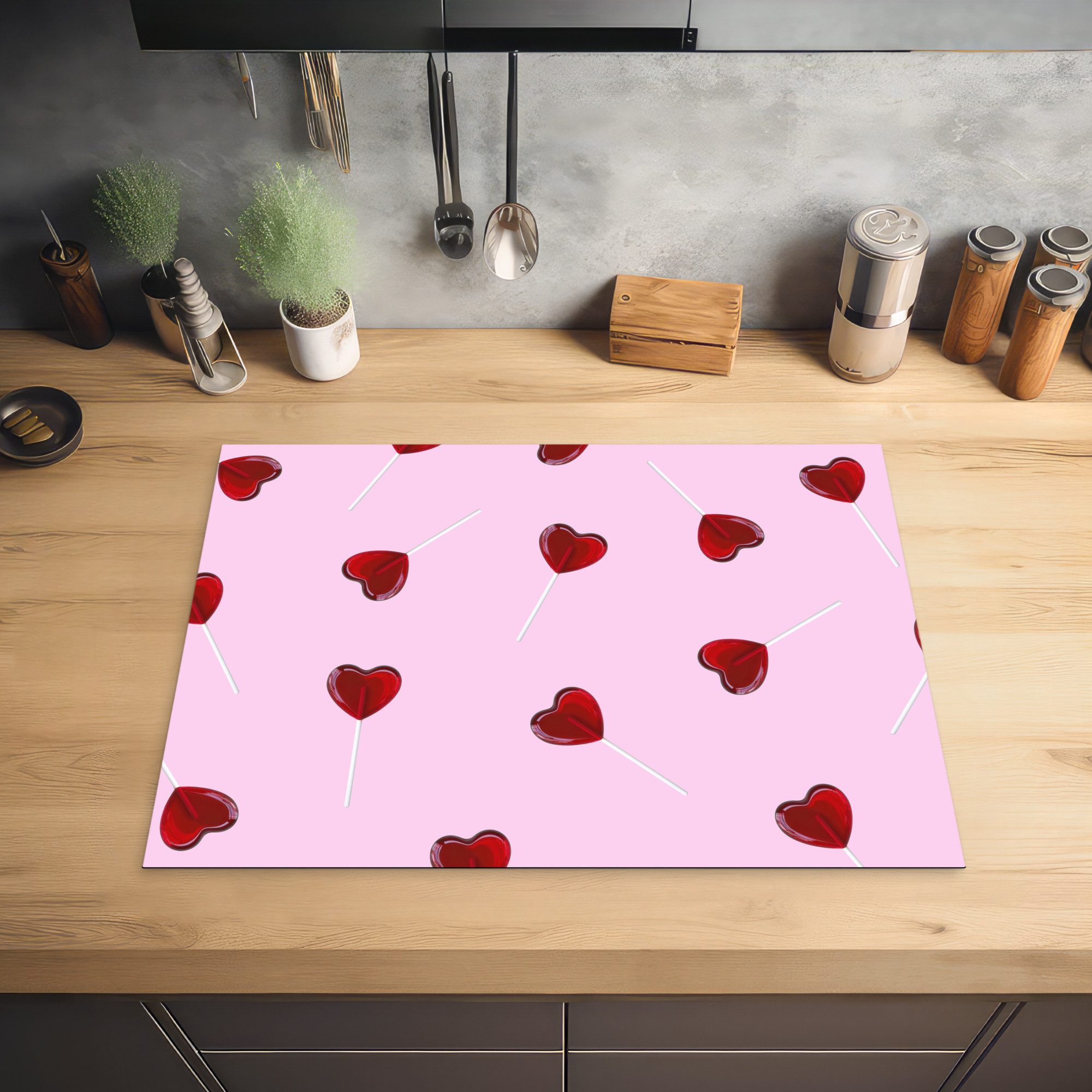 MuchoWow Herd-Abdeckplatte Rosa - Herz - Lutscher - Bonbon, Vinyl, (1 tlg), Küche Herdabdeckung Ceranfeld Induktionsfeld Vinyl, 65x50 cm