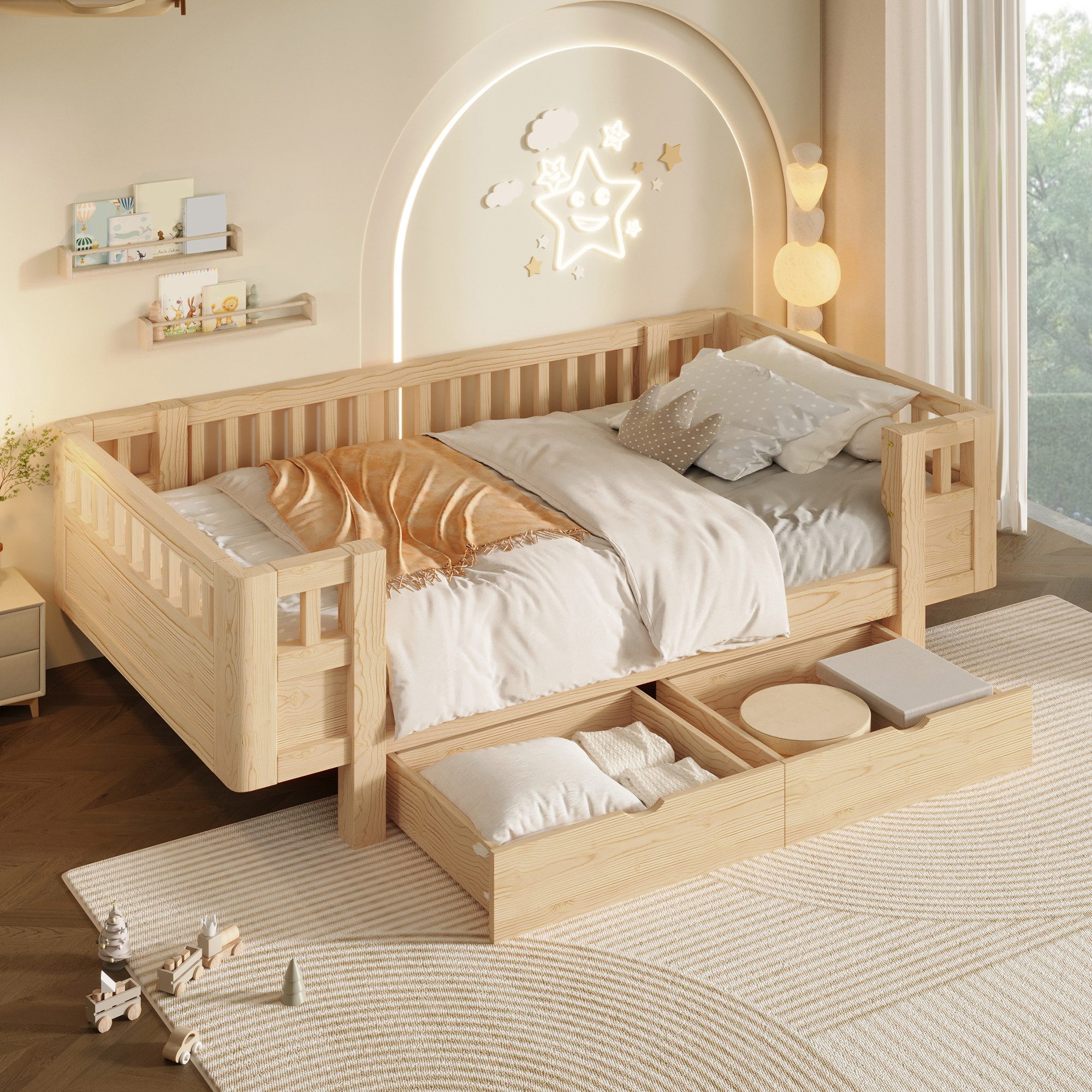 STILVORA Stauraumbett 90×200 mit Matratze&Stauraum Plattformbett Funktionbett mit Gitter (Einzelbett, Massivholz, 2 Schubladen, Schutzgitter, hohe Absturzsicherung, 2 Auszüge, stabil), Für Kinderzimmer, Jugendzimmer, Gästezimmer