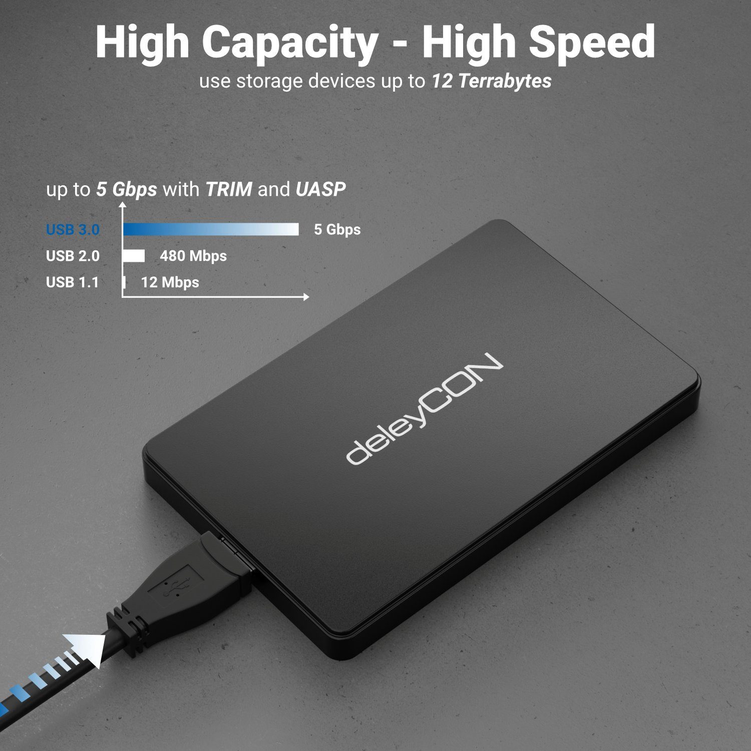 deleyCON Festplatten-Gehäuse deleyCON Festplattengehäuse 2,5“ SATA3 HDD SSD 7mm & 9,5mm Micro-USB