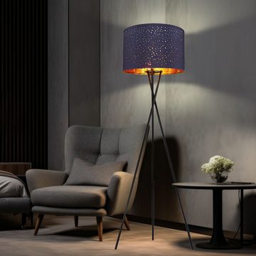 etc-shop Stehlampe, Leuchtmittel nicht inklusive, Stehleuchte Wohnzimmerlampe Metall schwarz Textil blau Dreibein D 62cm