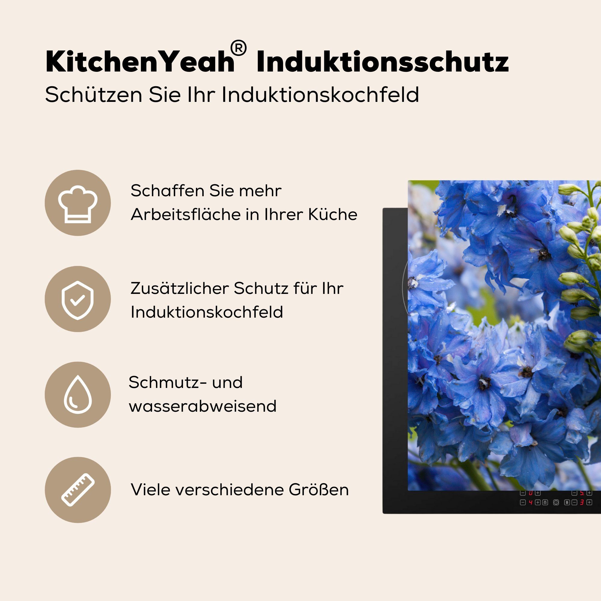 MuchoWow Herdblende-/Abdeckplatte Ritterspornblüten in tlg), (1 Vinyl, die für einem cm, küche, 81x52 Schutz Garten, Ceranfeldabdeckung Induktionskochfeld