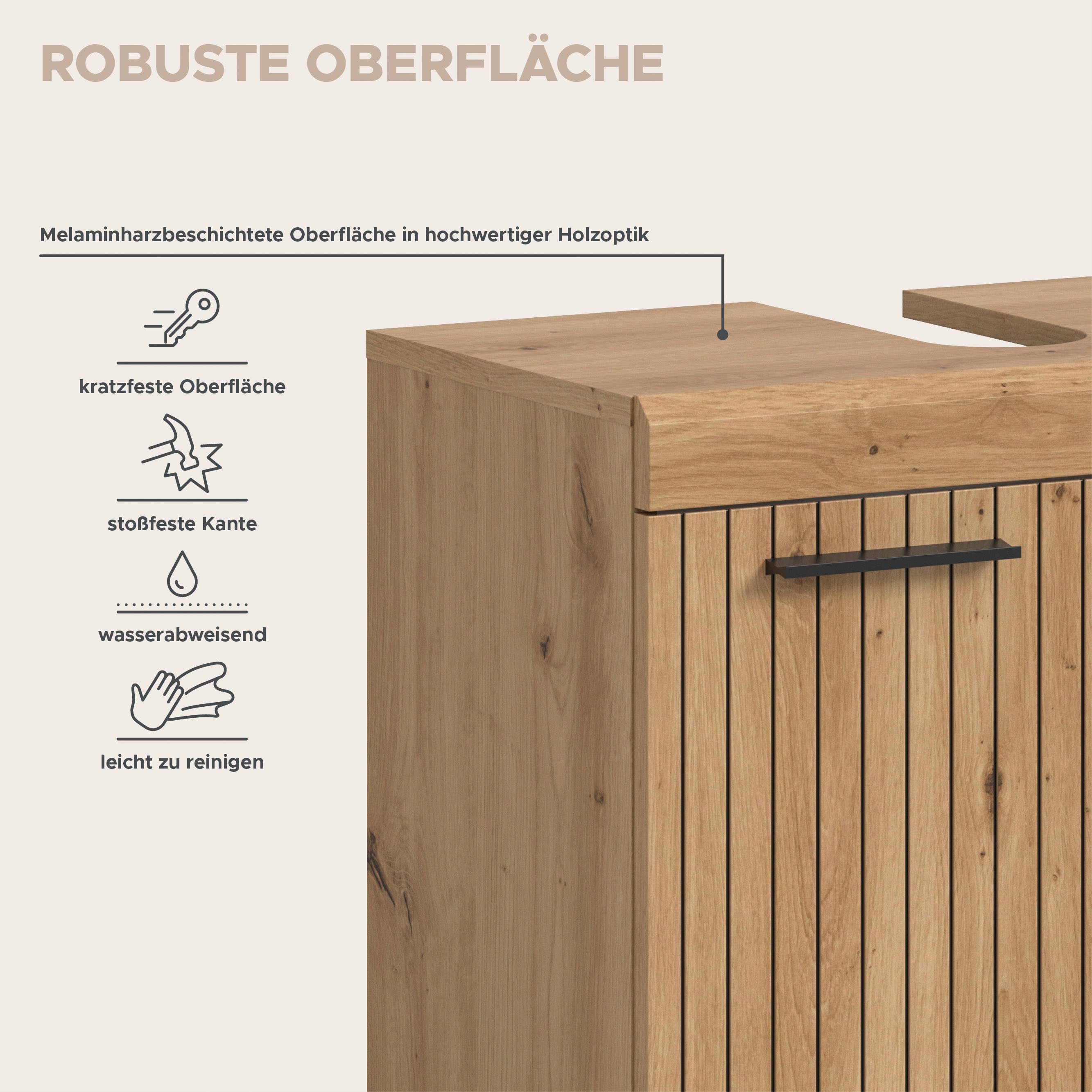 welltime Waschbeckenunterschrank SIENA, Breite 60cm, mit 2 Türen oder 2 Schubkästen, MDF-Front (1-St., TOPSELLER!, mit Siphonausschnitt 10x25 cm) in verschieden – Bild 4 von 5