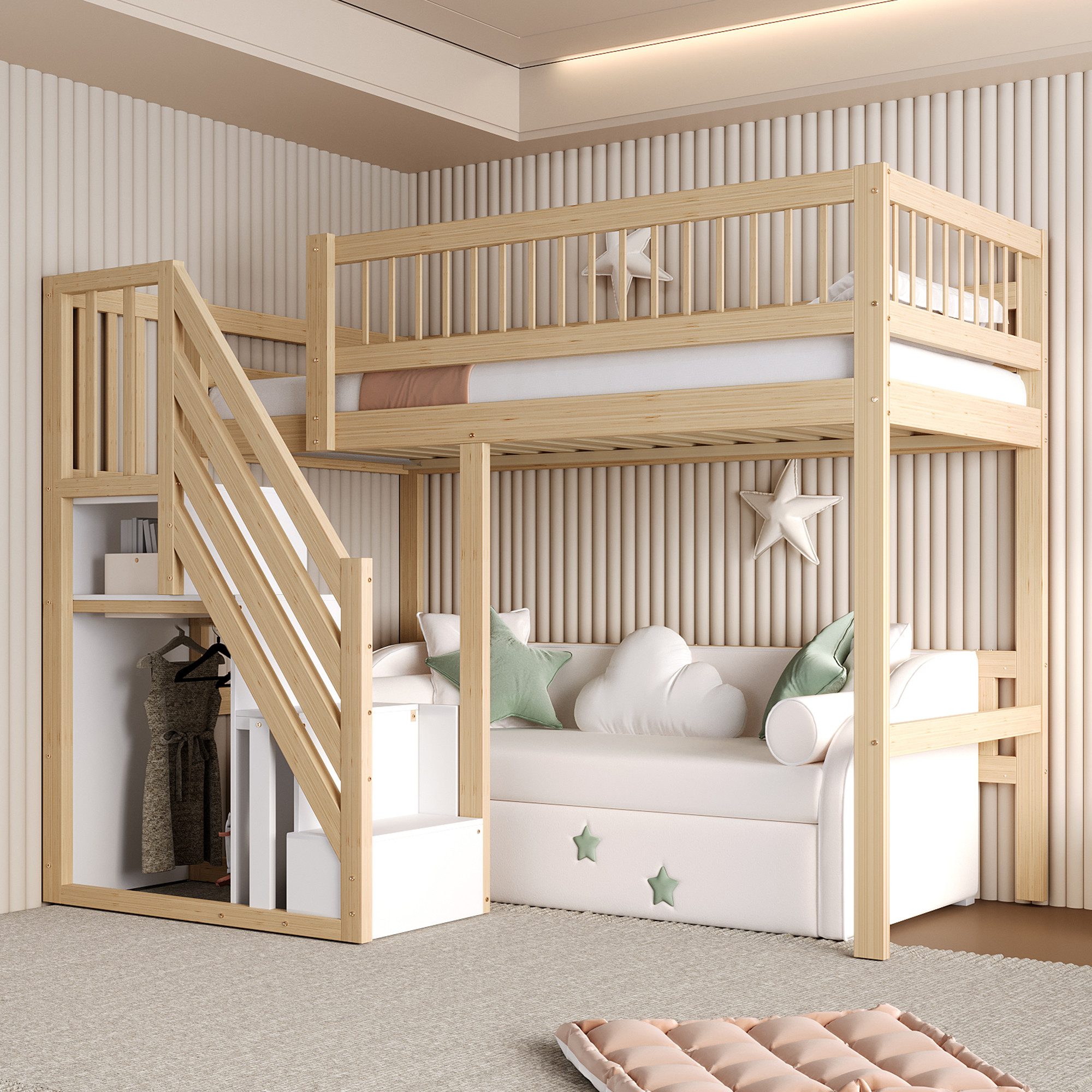 Flieks Hochbett Massivholz Einzelbett Kinderbett 90x200cm mit Stauraumtreppe
