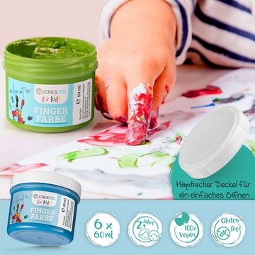 CreaTek Fingerfarbe Kinder 100% sicher ungiftig auswaschbar Fingermalfarben, 100% sicher, vegan, geruchlos & auswaschbar 6x leuchtende Grundfarben