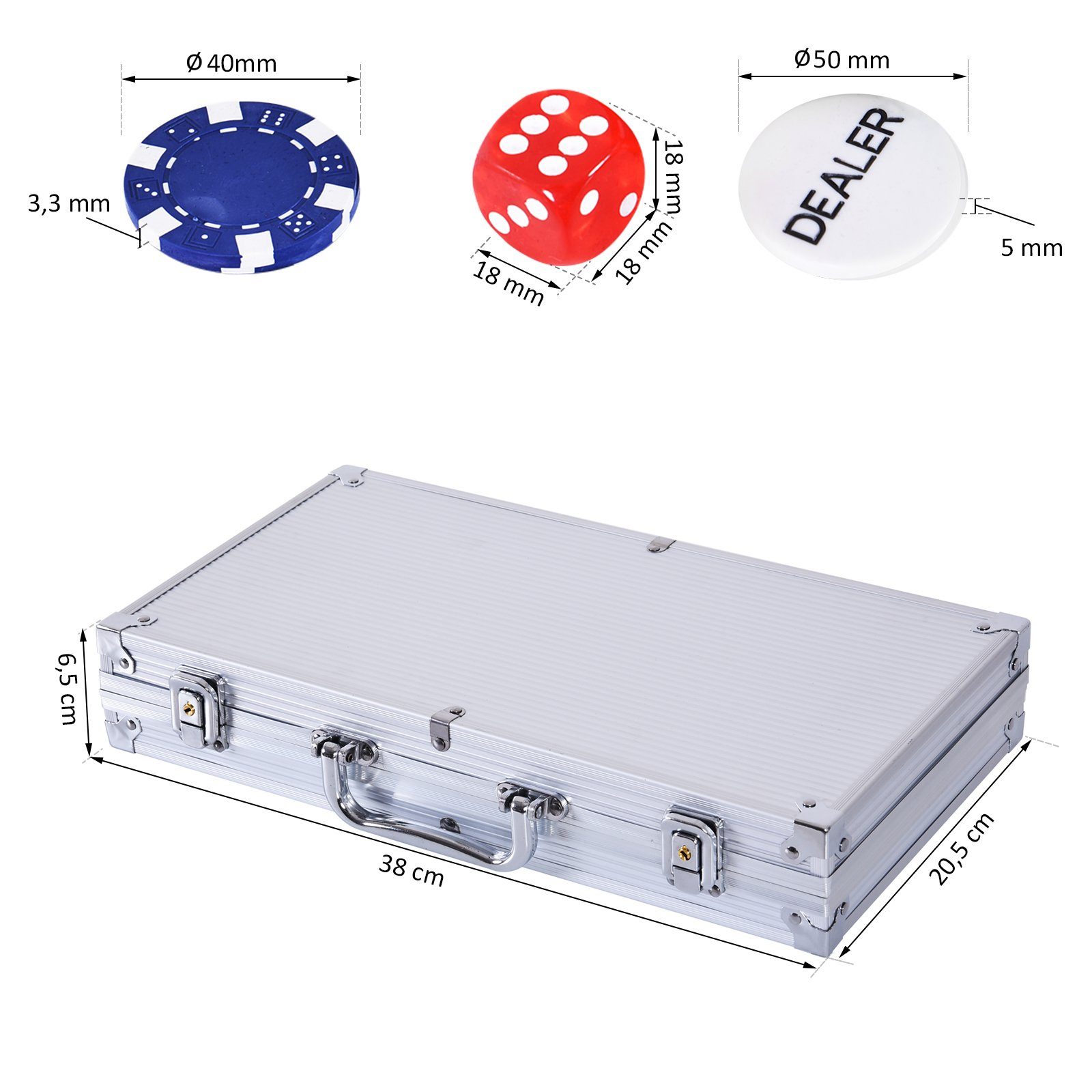 HOMCOM Spiel Pokerset mit Pokerchips Karten Würfel Alukoffer, Familienspiel, Gesellschaftsspiel, Alu+Polystyrol 38 x 20,5 x 6,5 cm