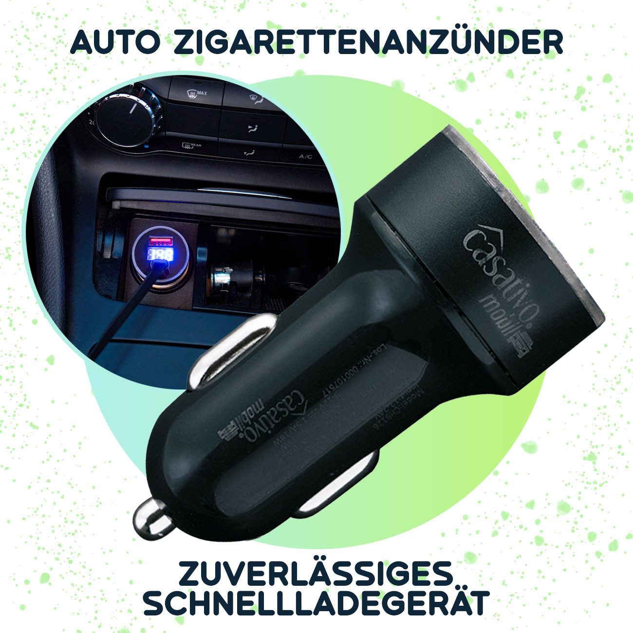 Casativo Dual Kfz USB Ladegerät 38W USB-C PD & USB-A QC Schnellladestecker KFZ-Adapter Zigarettenanzünder-Stecker (Kfz-Bordnetzstecker) zu USB-C (Type C), USB-A, LED-Spannungsanzeige/ Digital-Display/-Messbereich 7 - 36 Volt