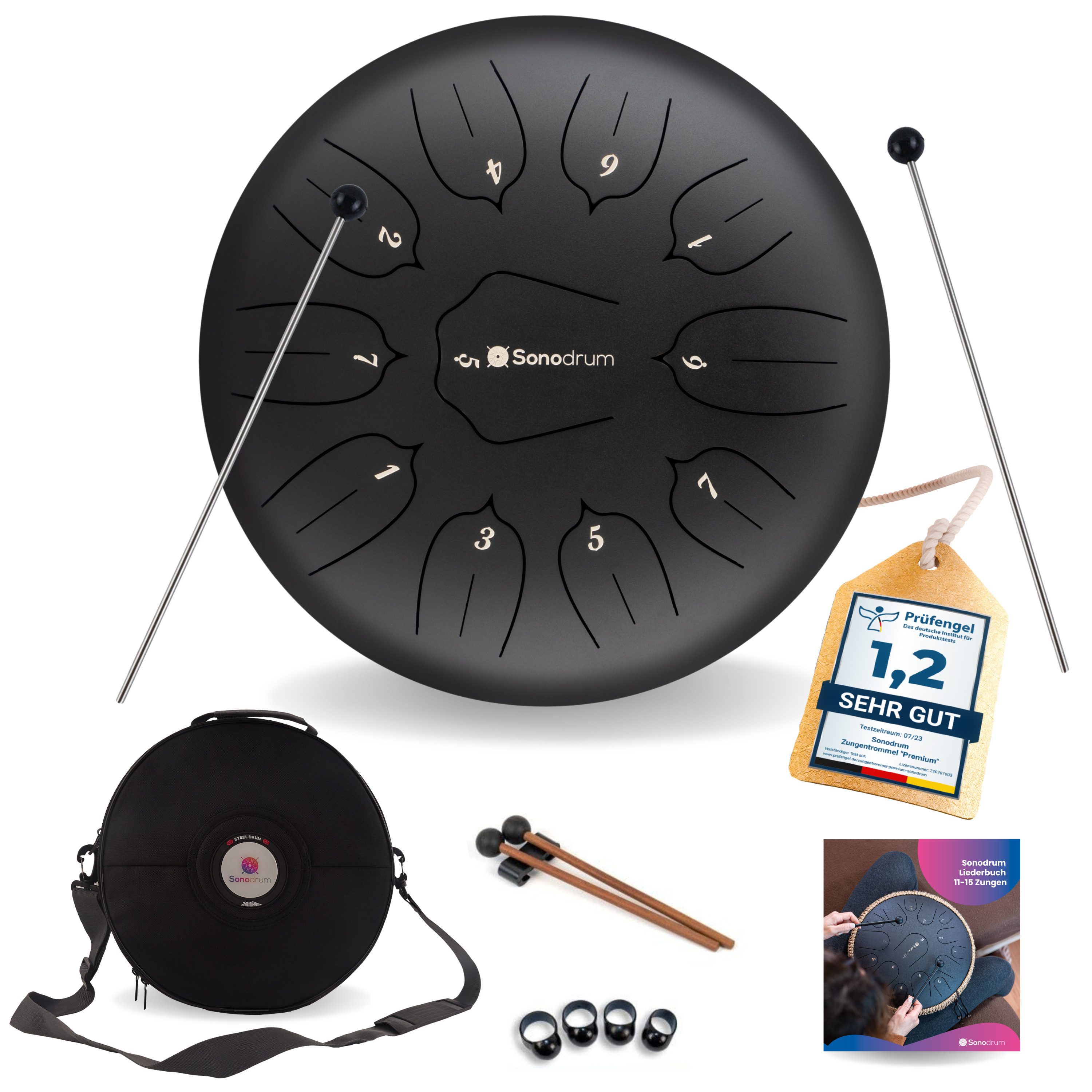 Sonodrum Steel Tongue Drum "Standard", D-Dur, 30 cm, 11 Zungen inkl. Liederbuch und Tragetasche