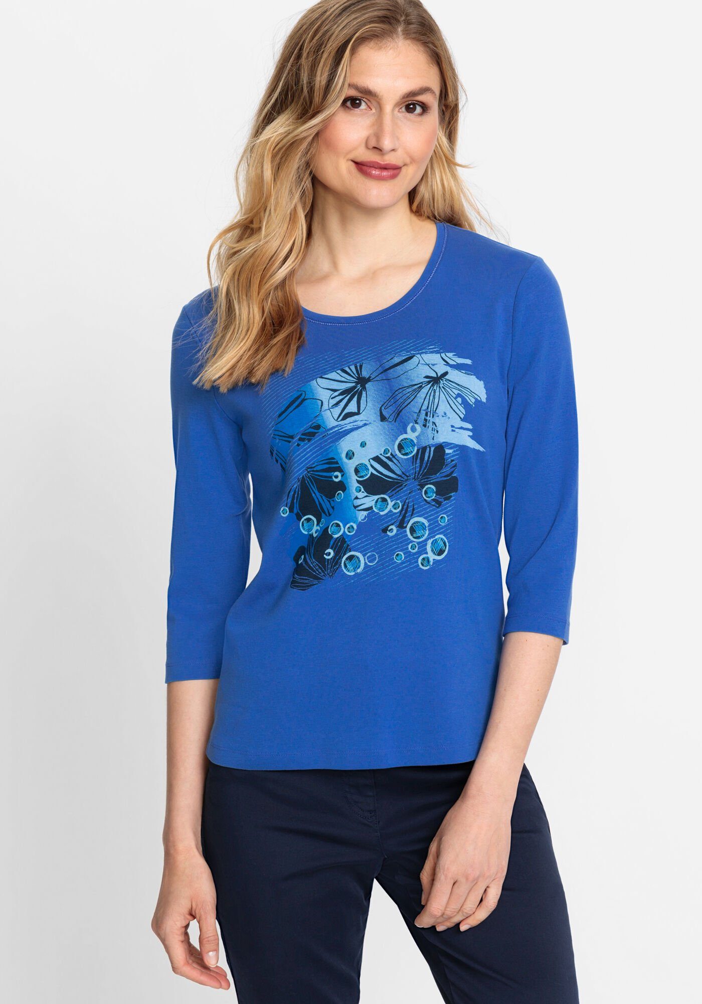 Olsen Rundhalsshirt mit phantasievollen Placement-Print Electric Blue