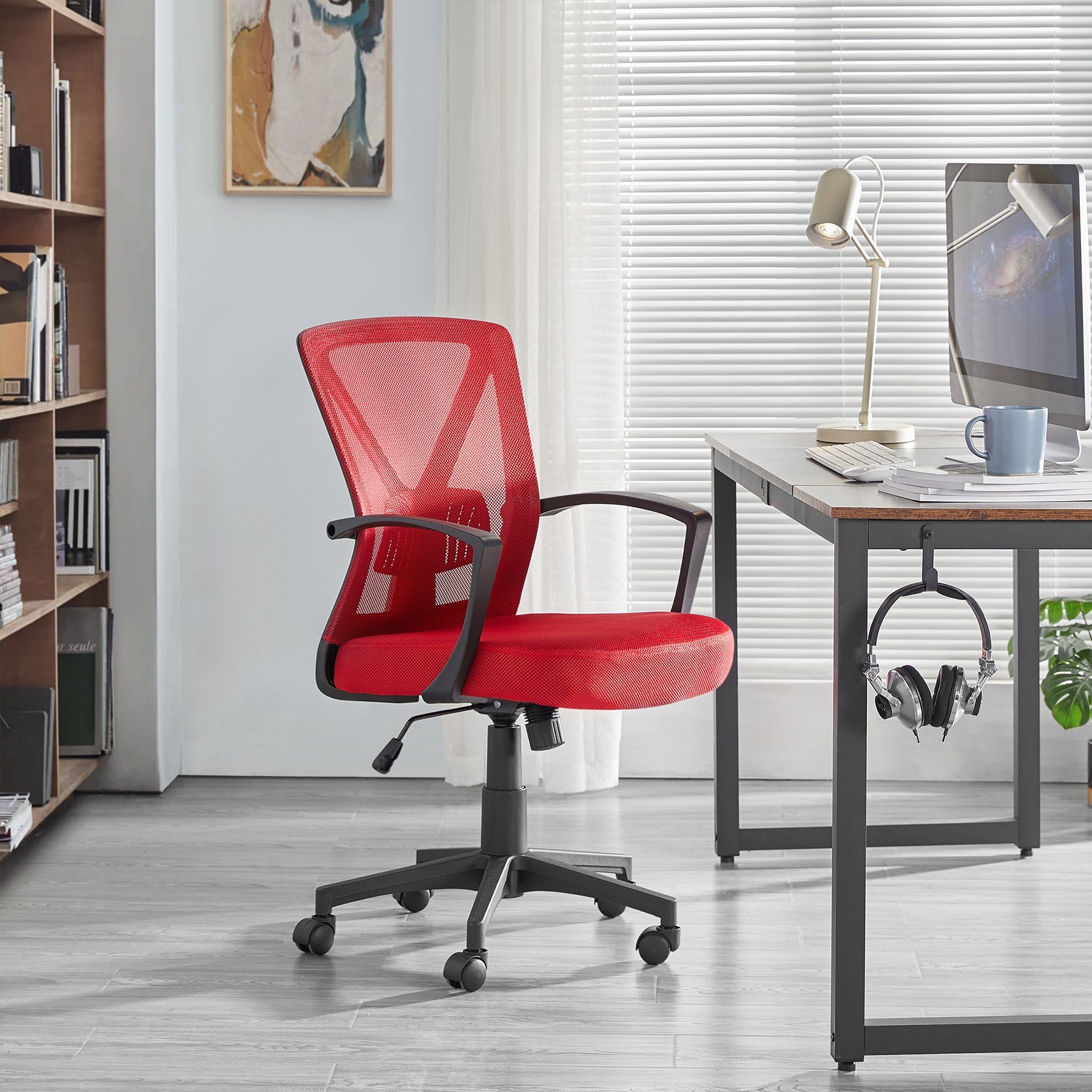Yaheetech Schreibtischstuhl, Bürostuhl mit Wippfunktion höhenverstellbar rot