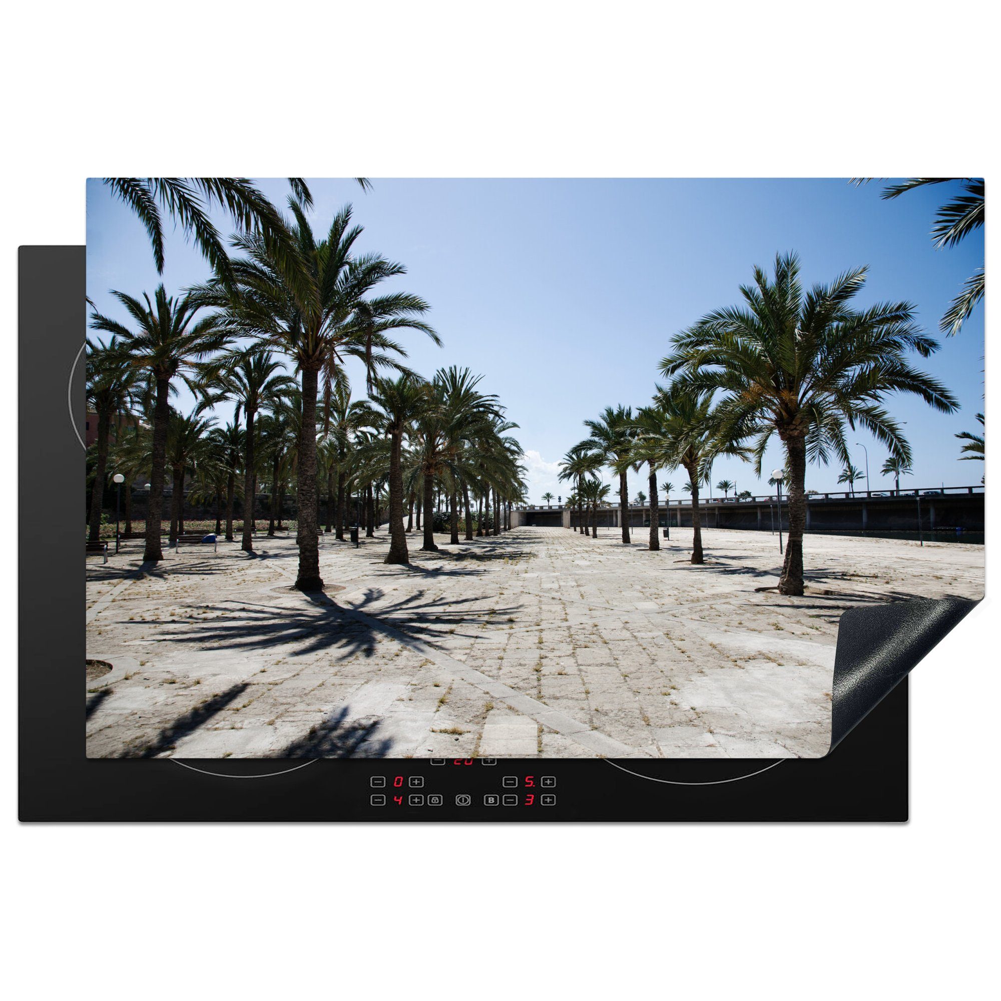 MuchoWow Herdblende-/Abdeckplatte Die Palmenreihen an einer Strandpromenade auf Mallorca, Vinyl, (1 tlg), 81x52 cm, Induktionskochfeld Schutz für die küche, Ceranfeldabdeckung