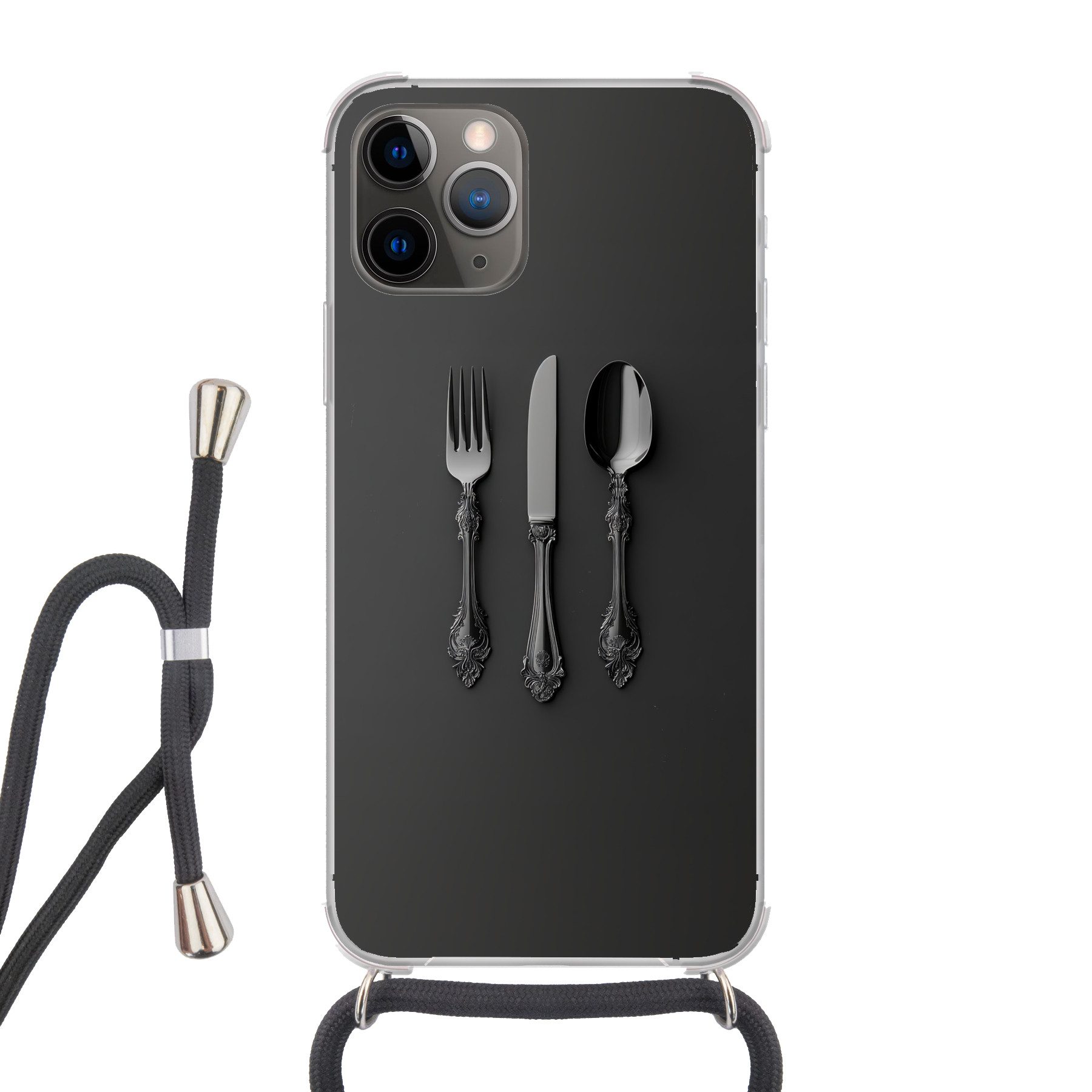 MuchoWow Handyhülle für Apple iPhone 13 Pro Max Besteck - Schwarz, Tragbare Handyhüllen mit Kette zum umhängen, Handykette Handyband
