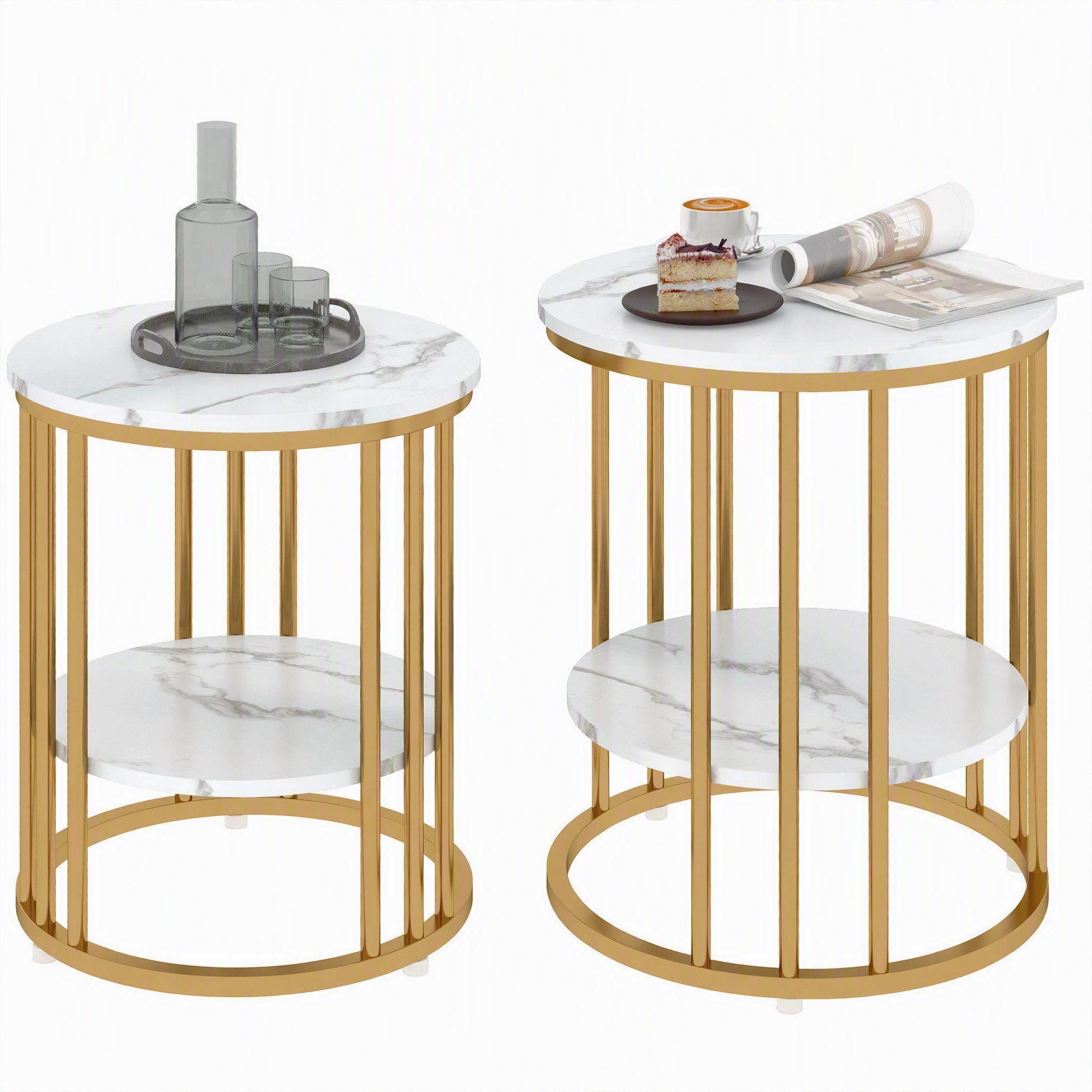 HOMCOM Couchtisch Wohnzimmertisch in Marmoroptik Kaffeetisch mit Ablage, rund (Sofatisch, 2-St., Beistelltisch), für Wohnzimmer Schlafzimmer Weiß – Bild 2 von 5