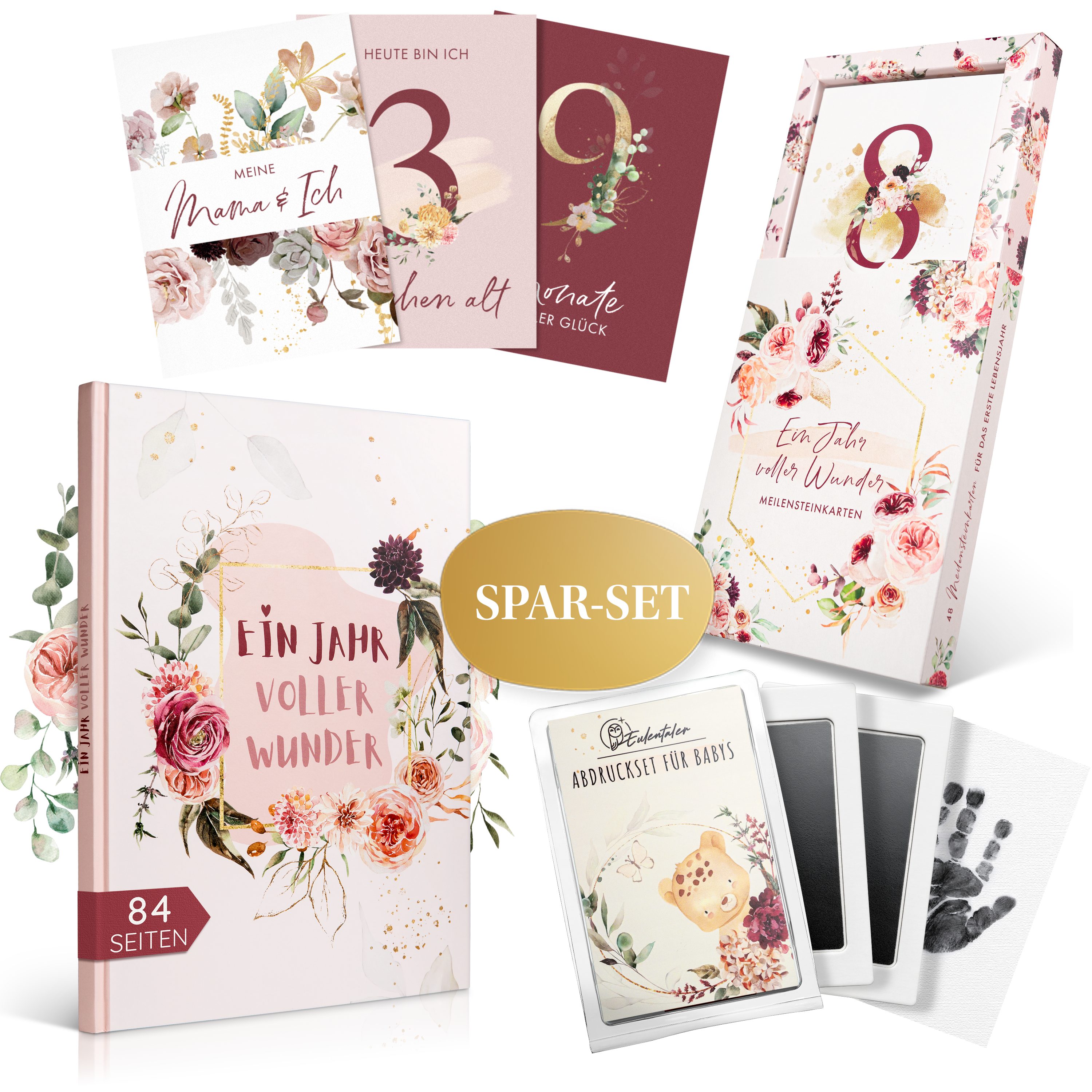 Eulentaler Tagebuch I Babyalbum Sparset I Mein erstes Jahr I Die Geschenkidee I, Erinnerungsbuch, Meilensteinkarten & Baby Abdruckset