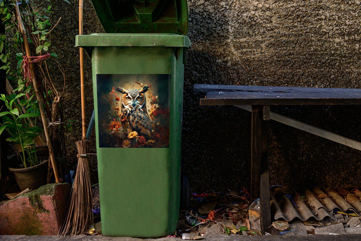 MuchoWow Wandsticker - St), (1 Eule Mülleimer-aufkleber, Sticker, - Vogel Container, Abfalbehälter Mülltonne, - Blumen Botanisch