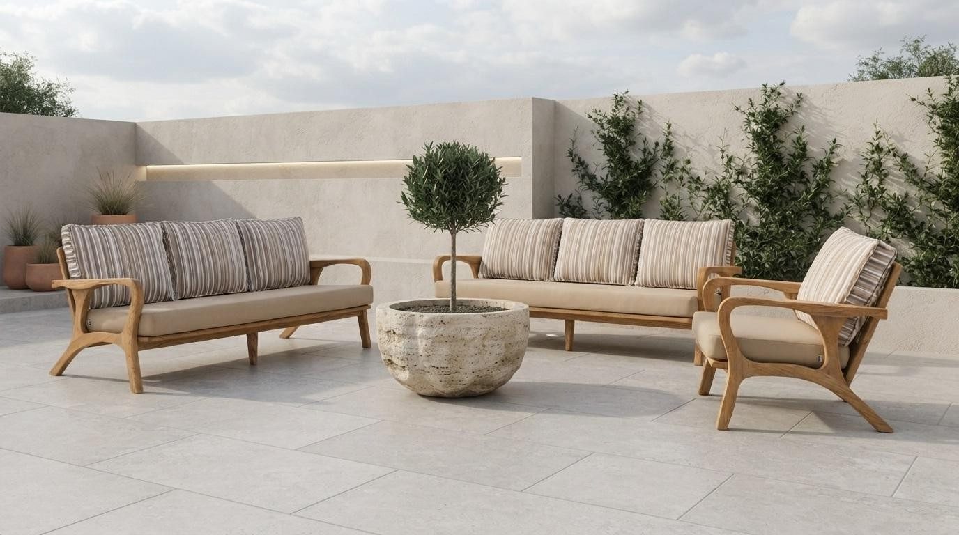 Xlmoebel Gartenlounge-Set Gartenlounge Set 3-Sitzer Sofa Sessel Beige Kissen Modern, (Sofa Set, 3-tlg., 3-tlg)