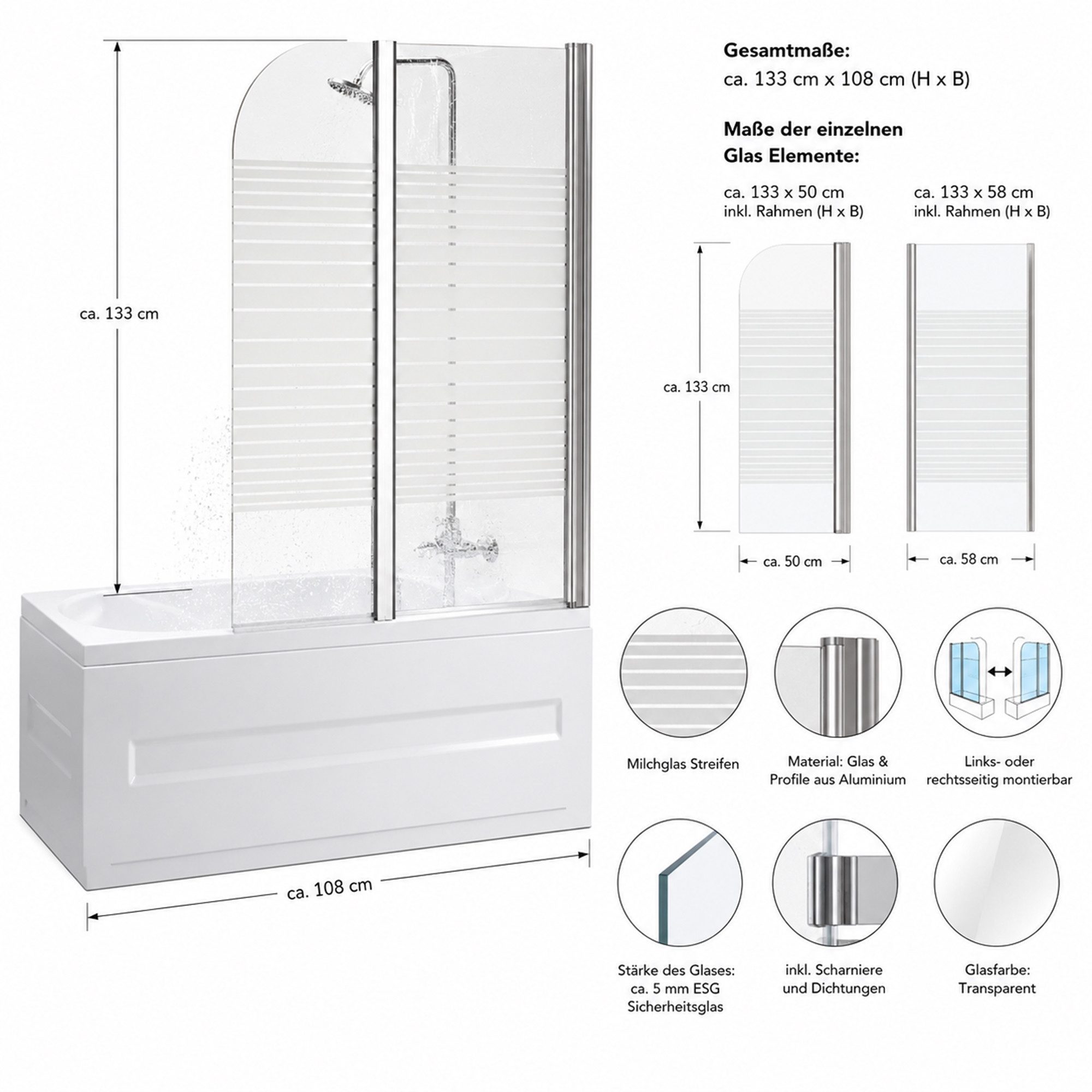 Mucola Badewannenaufsatz Duschabtrennung Duschkabine Dusche Duschwand Badewannenaufsatz Glas, Sicherheitsglas, (Einzelartikel, 1 tlg., 1 x Abtrennung für Dusche und Badewanne aus Glas), Gesammtmaße ca. 133 cm x 108 cm (H x B)