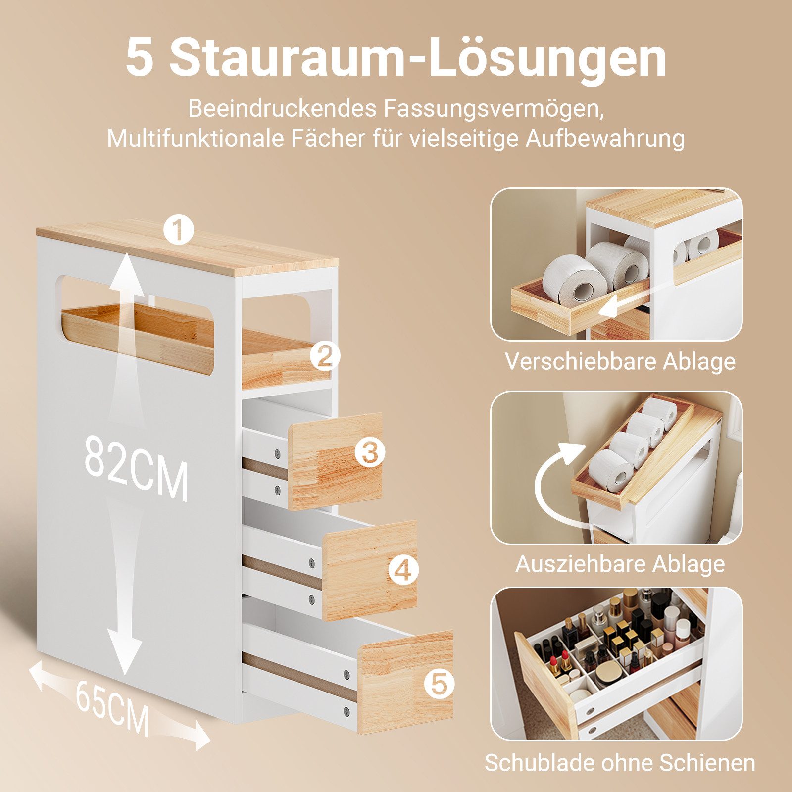 SoBuy Beistellwagen BZR54, Badezimmerschrank mit Rollen, Badschrank schmal, Kommode, Küchenwagen schmal Nischenwagen Badezimmerregal mit Rädern, ausziehbar – Bild 4 von 5