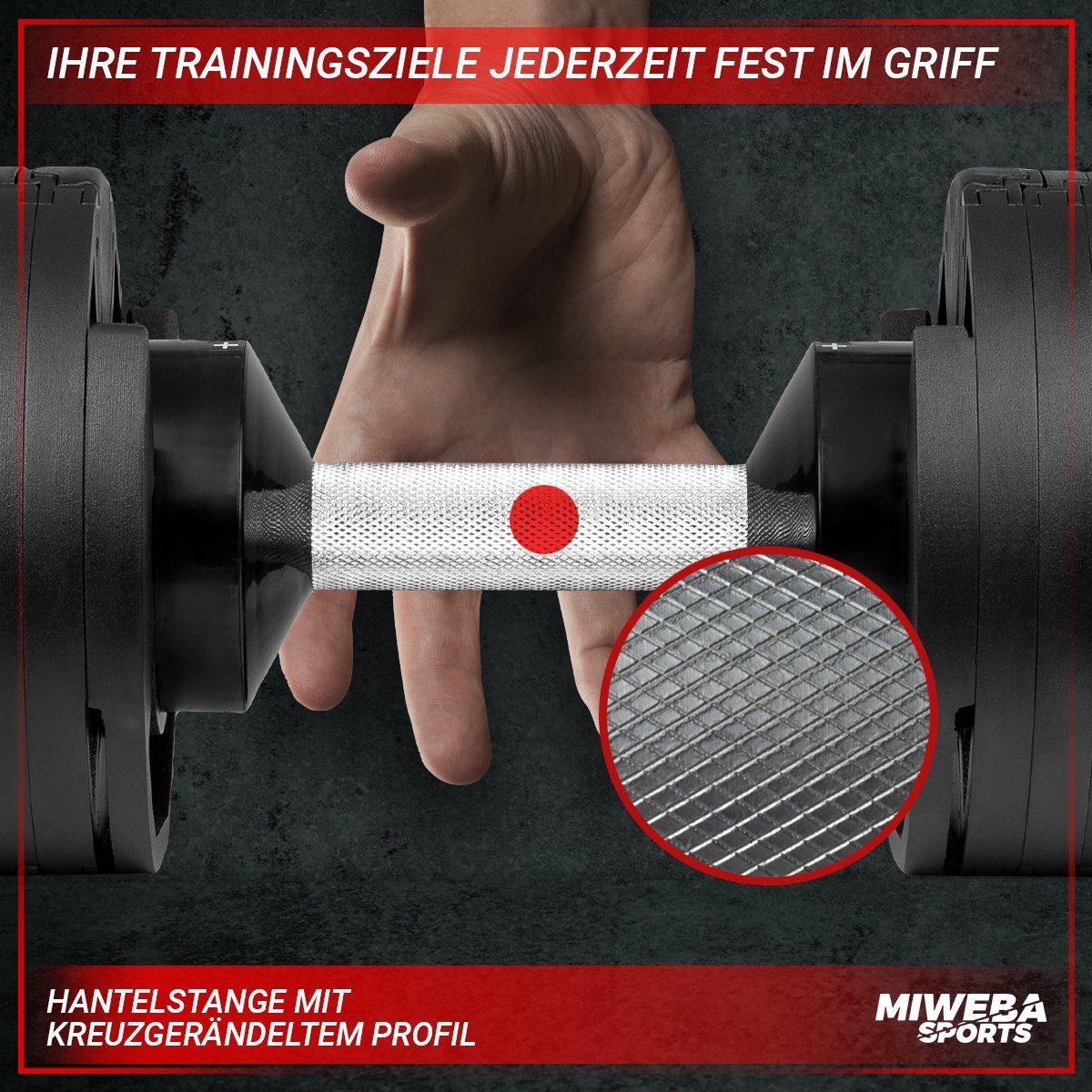 Miweba Sports Kurzhantel Fitness Stahl Hantel Set VH200 inkl. Gestell, (schneller Gewichtswechsel - rutschfest - platzsparend - Krafttraining - Muskelaufbau - Sport - Workout - Training, Hantelstange mit kreuzgerändeltem Profil, cleveres Verschlusssystem), 9-in-1 verstellbare Fitness Hantel - einstellbare Gewichte bis 28 kg