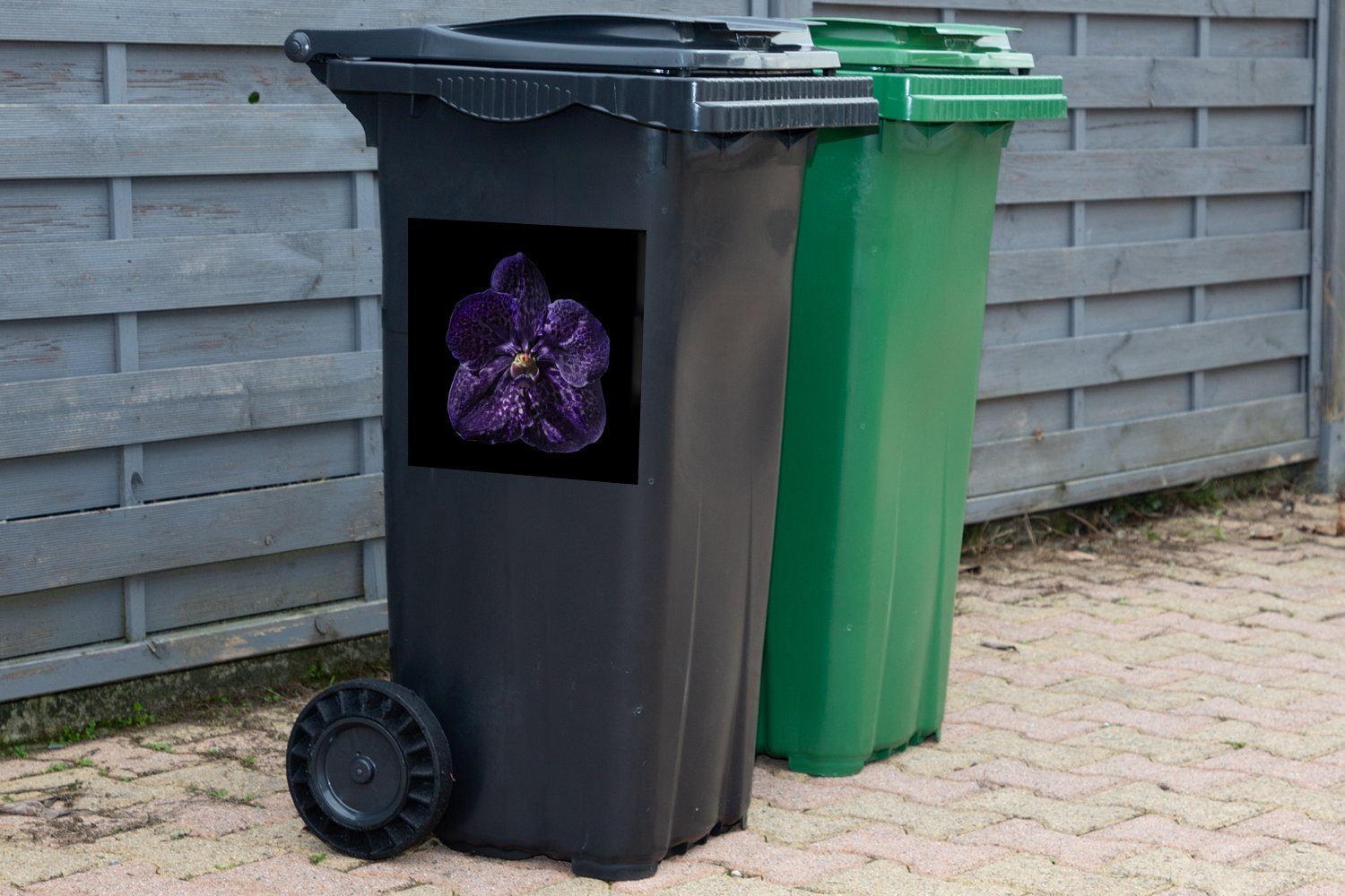 St), lila Sticker, MuchoWow einer Orchidee Mülleimer-aufkleber, (1 Hintergrund Wandsticker Nahaufnahme vor Mülltonne, Abfalbehälter schwarzem Container,