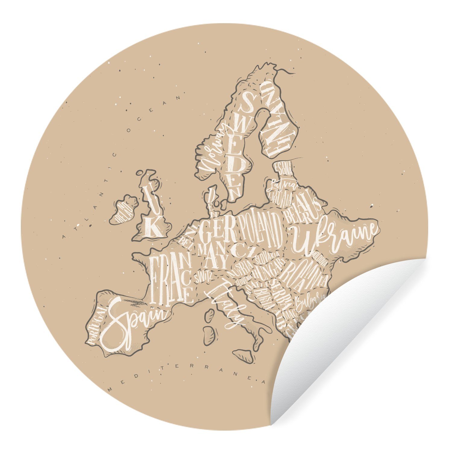 MuchoWow Wandsticker Karte - Europa - Weiß - Braun (1 St), Tapetenkreis für Kinderzimmer, Tapetenaufkleber, Rund, Wohnzimmer