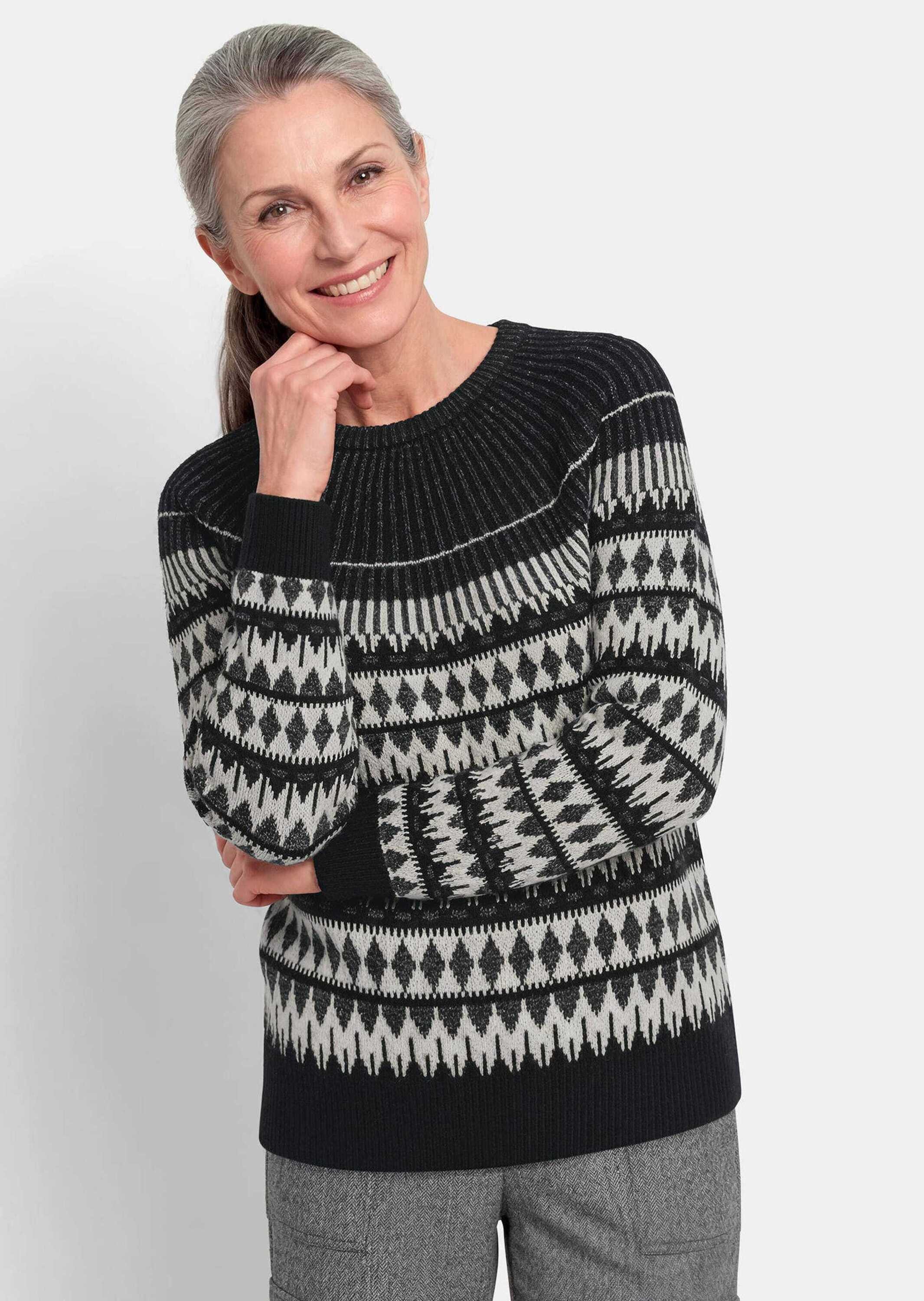 GOLDNER Strickpullover Norwegerpullover mit Raglanärmeln Glitzernder Pullover mit feinem Jacquard-Dessin, Langarm