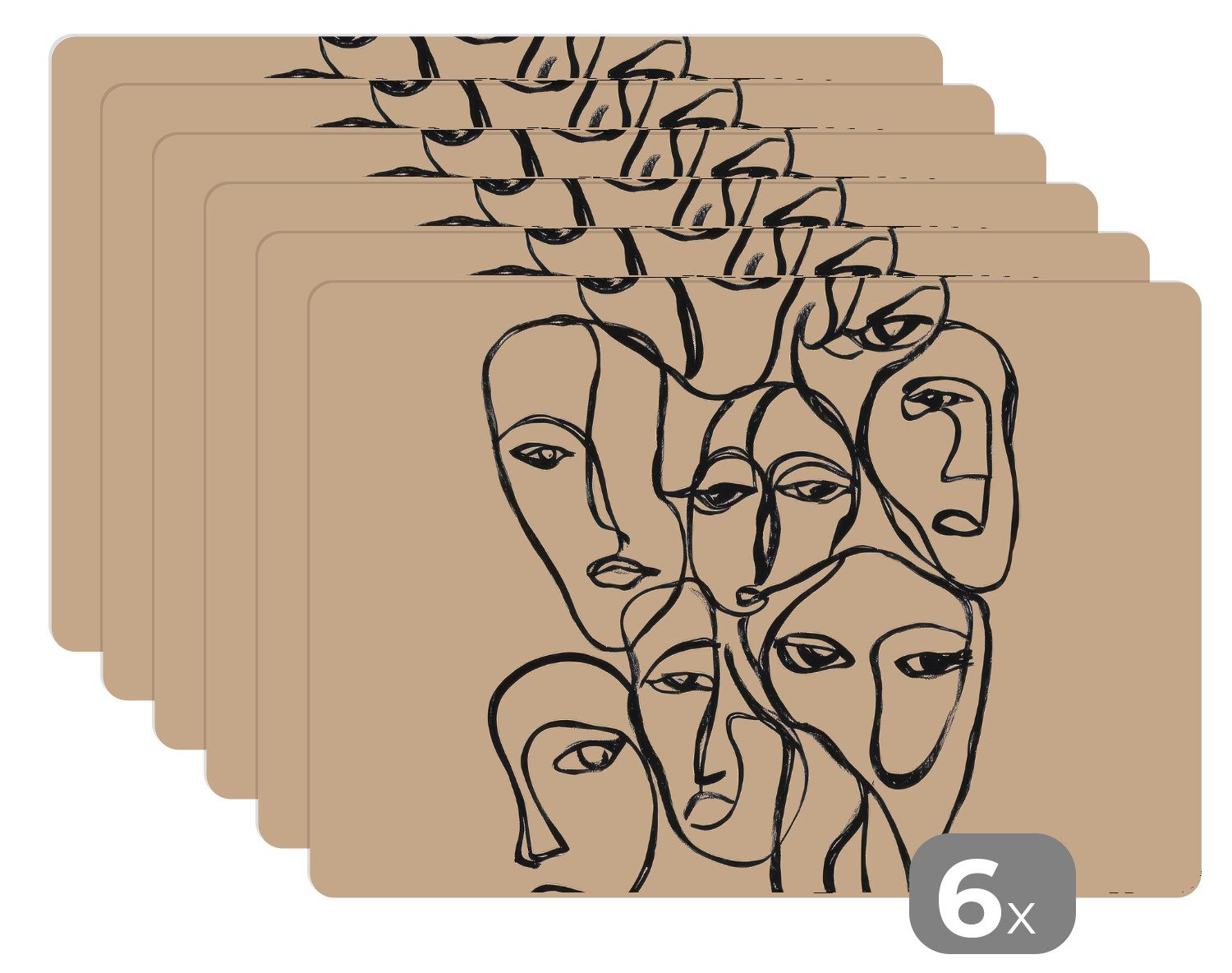 MuchoWow Platzset Meer von Gesichtern - Strichzeichnung - Abstrakt, (6-St), Platzsets, Tischset, Abwaschbar, Tischsets, Platzdeckchen