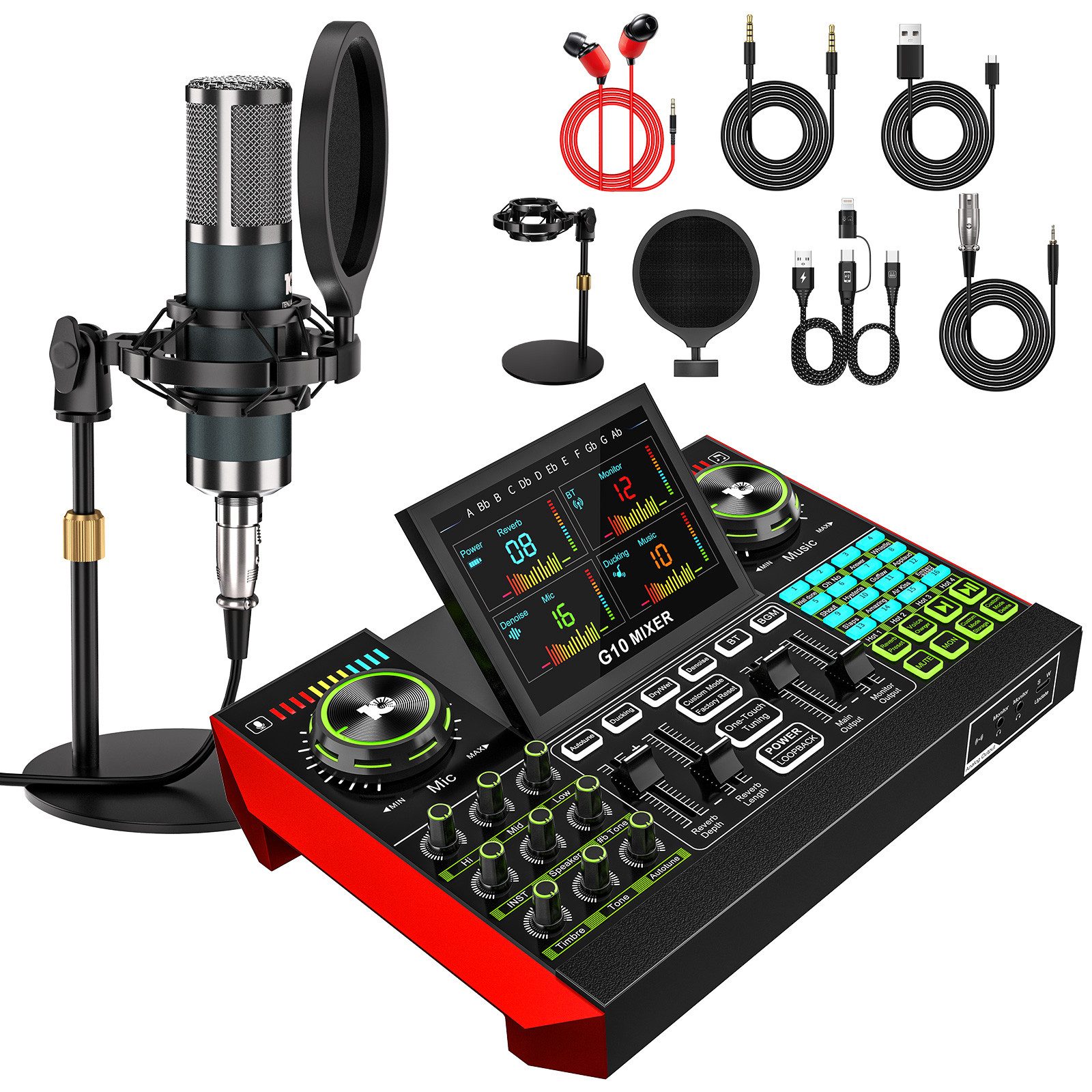 Tenlamp G10 Zehn Lampen Podcast- & Streaming-Set mit Mixer Soundkarte 7.1 Surround, USB-Plug-and-Play, Display, Stimmwechsel, Aufnahme, Hall