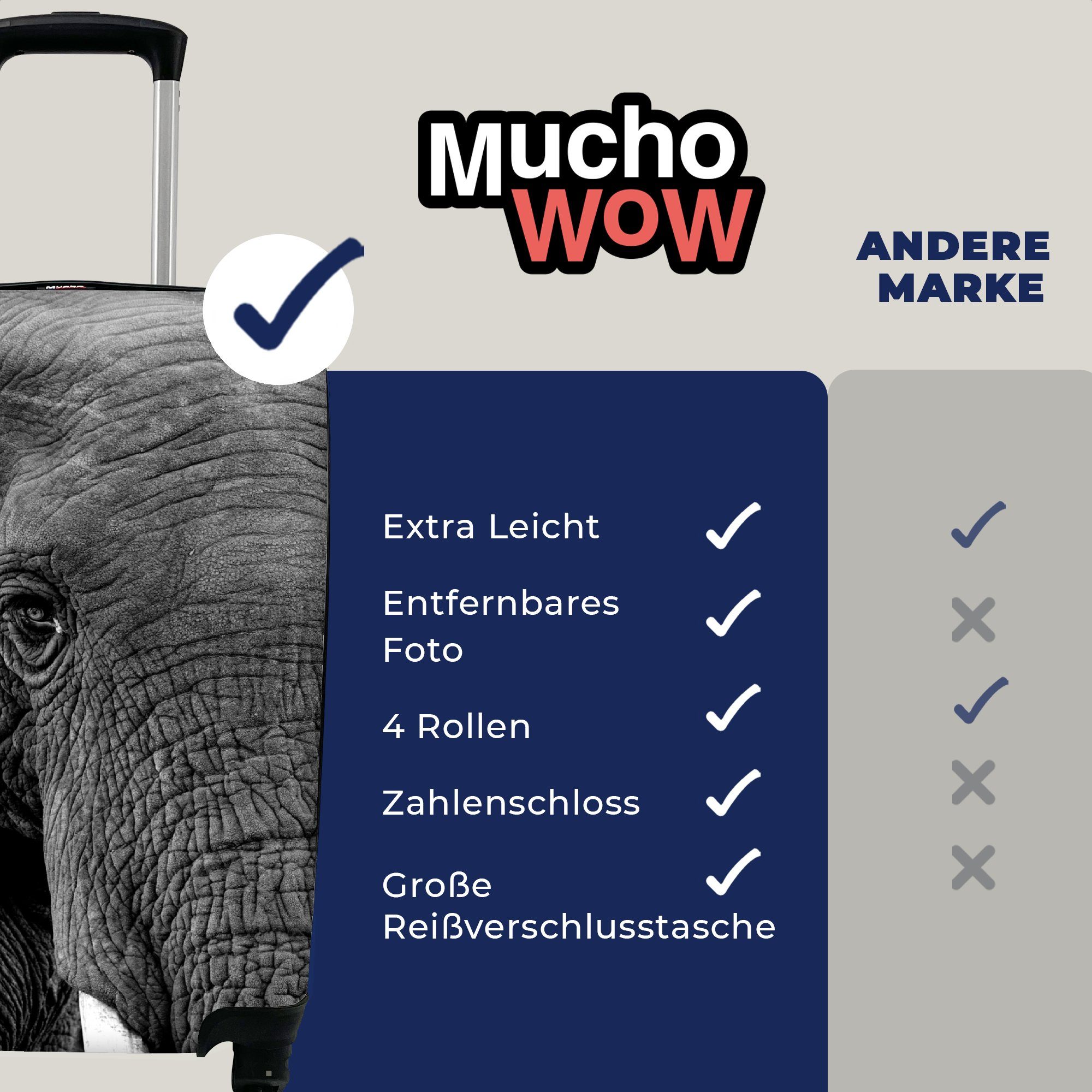 Reisetasche mit für Trolley, MuchoWow Tiere Schwarz Natur, - Elefant Handgepäck - - - rollen, Reisekoffer Ferien, Handgepäckkoffer Rollen, 4 Weiß