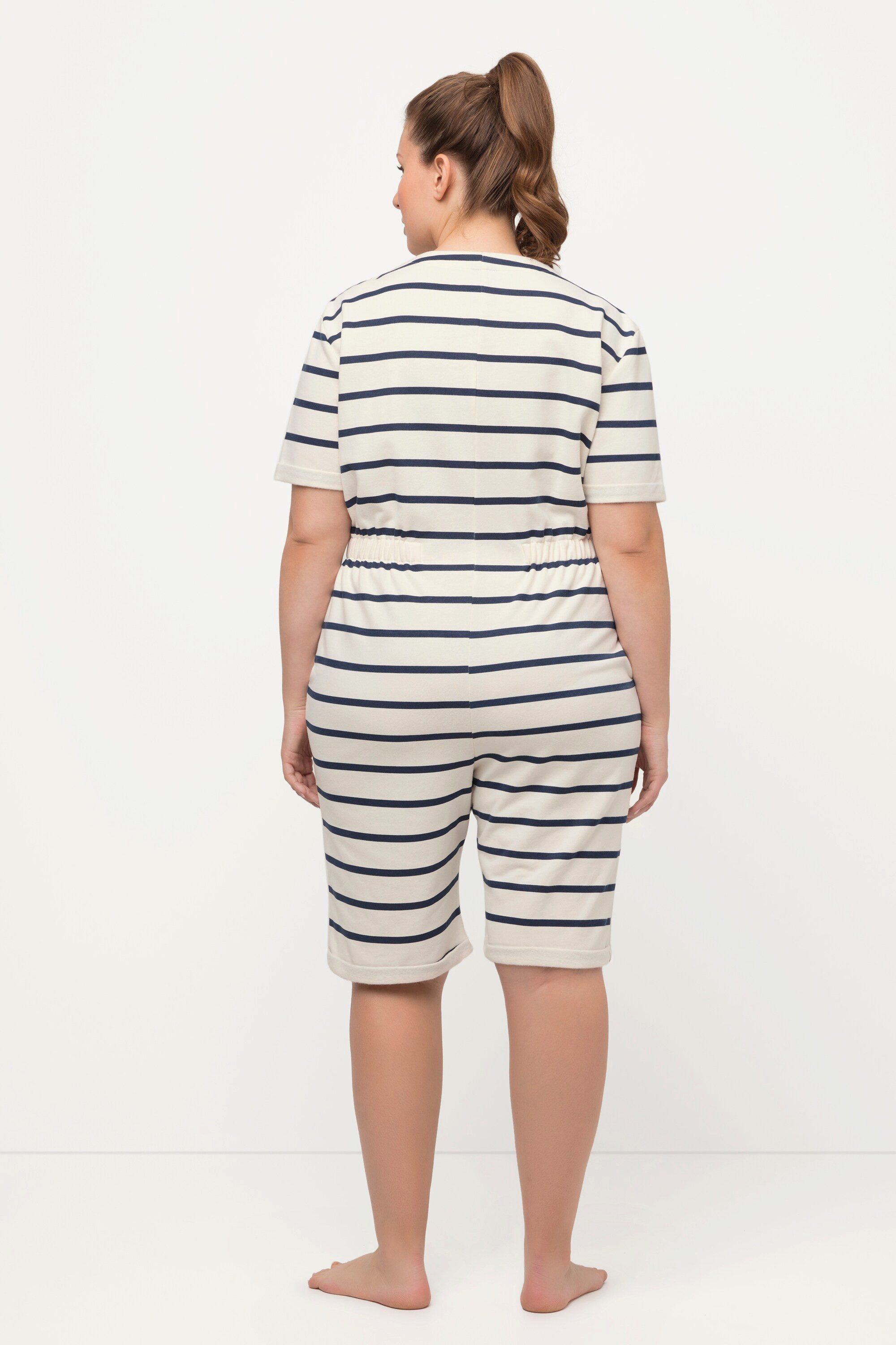 Ulla Popken Overall Loungewear-Jumpsuit Ringel Rundhals Zipper Halbarm