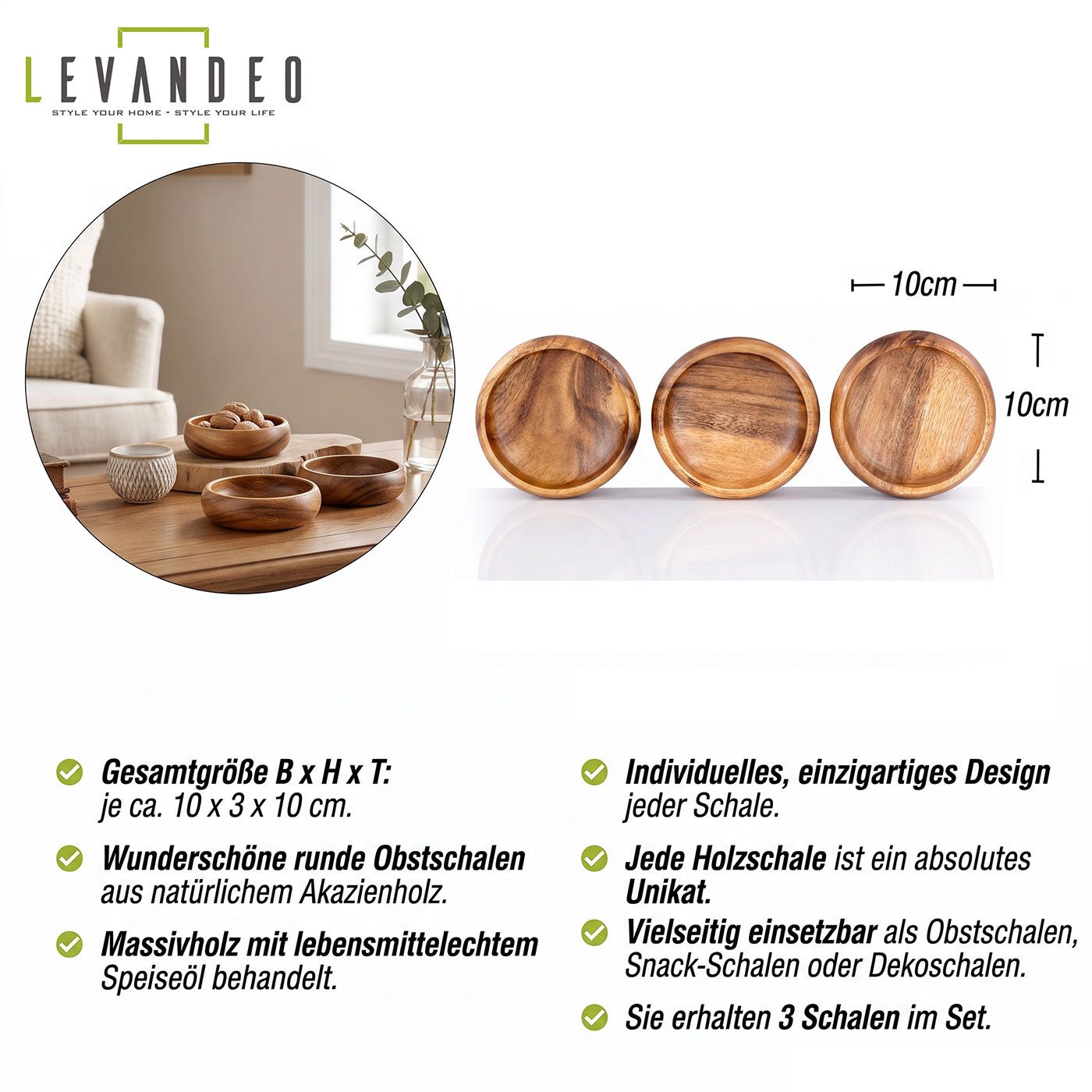 Levandeo® Dekoteller, 3er Set Snackschale Holz Akazie Ø10cm Design Dip Schale Obstschale