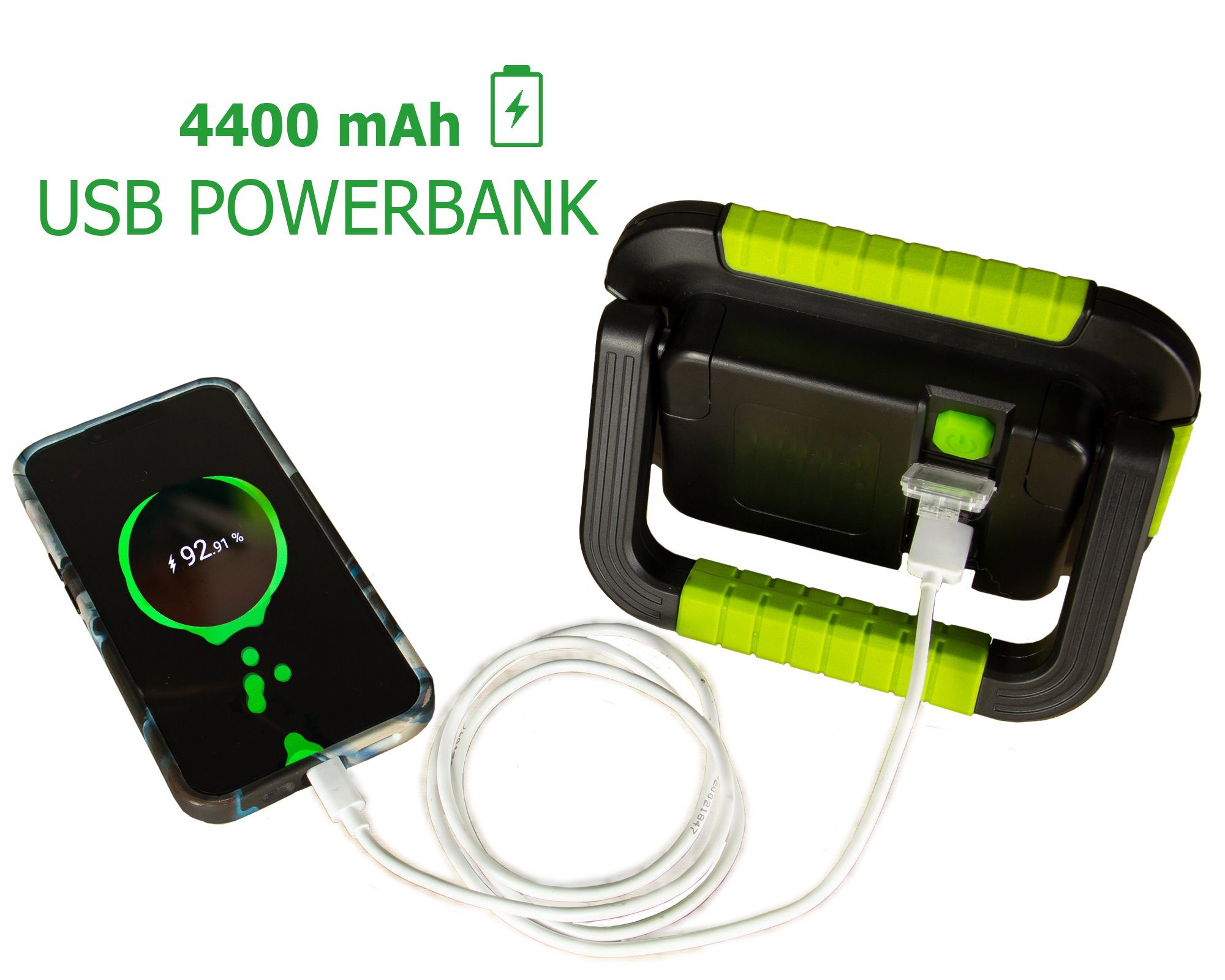 Powerbank mAh für Akku Akkuleuchte Tischleuchte schwarz Handscheinwerfer, Arbeitsleuchte grün Camping 500 ONDIS24 Suchscheinwerfer LED Lumen 4400