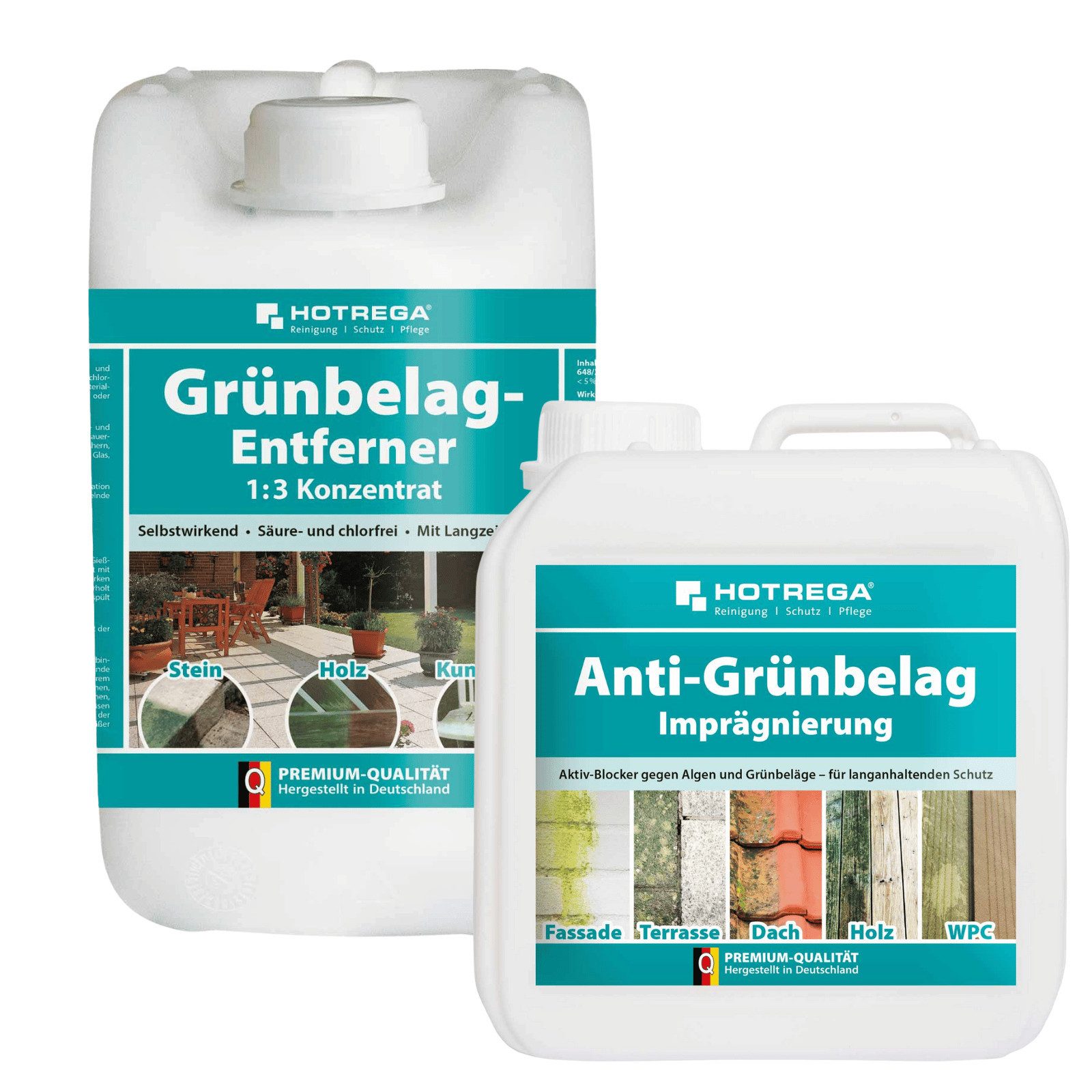 Grünbelagentferner 1:3 Konzentrat 5L + Anti Grünbelag Imprägnierung 2L Reinigungskonzentrat