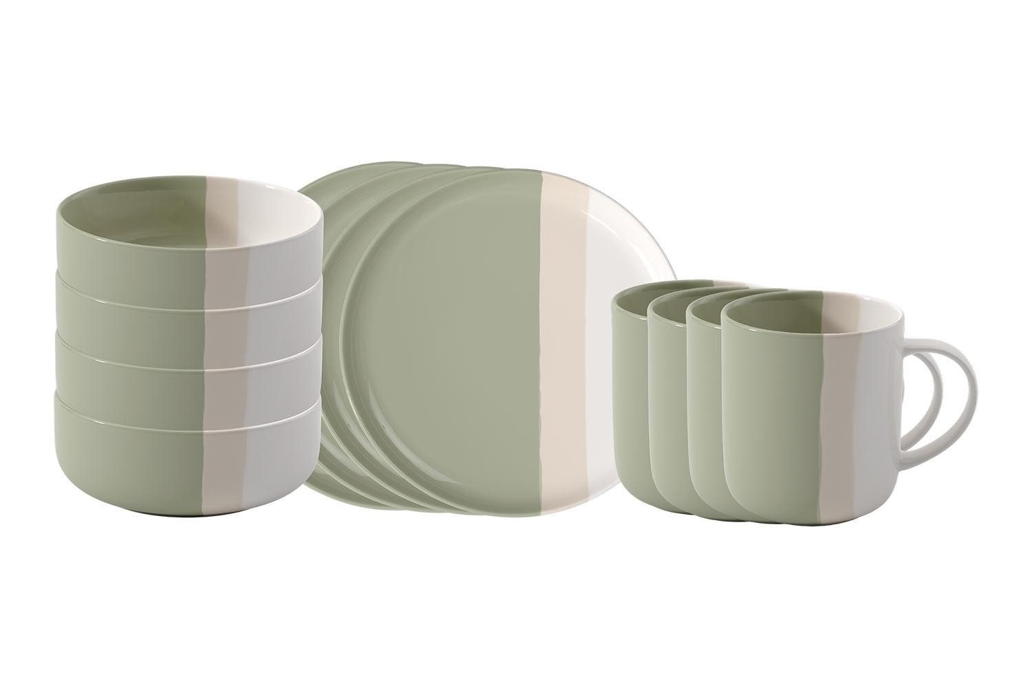 Villeroy & Boch Frühstücks-Geschirrset PASTEL POP GREEN, Salbeigrün, Creme, Beige (12-tlg), 4 Personen, Knochenporzellan, spülmaschinengeeignet, mikrowellengeeignet