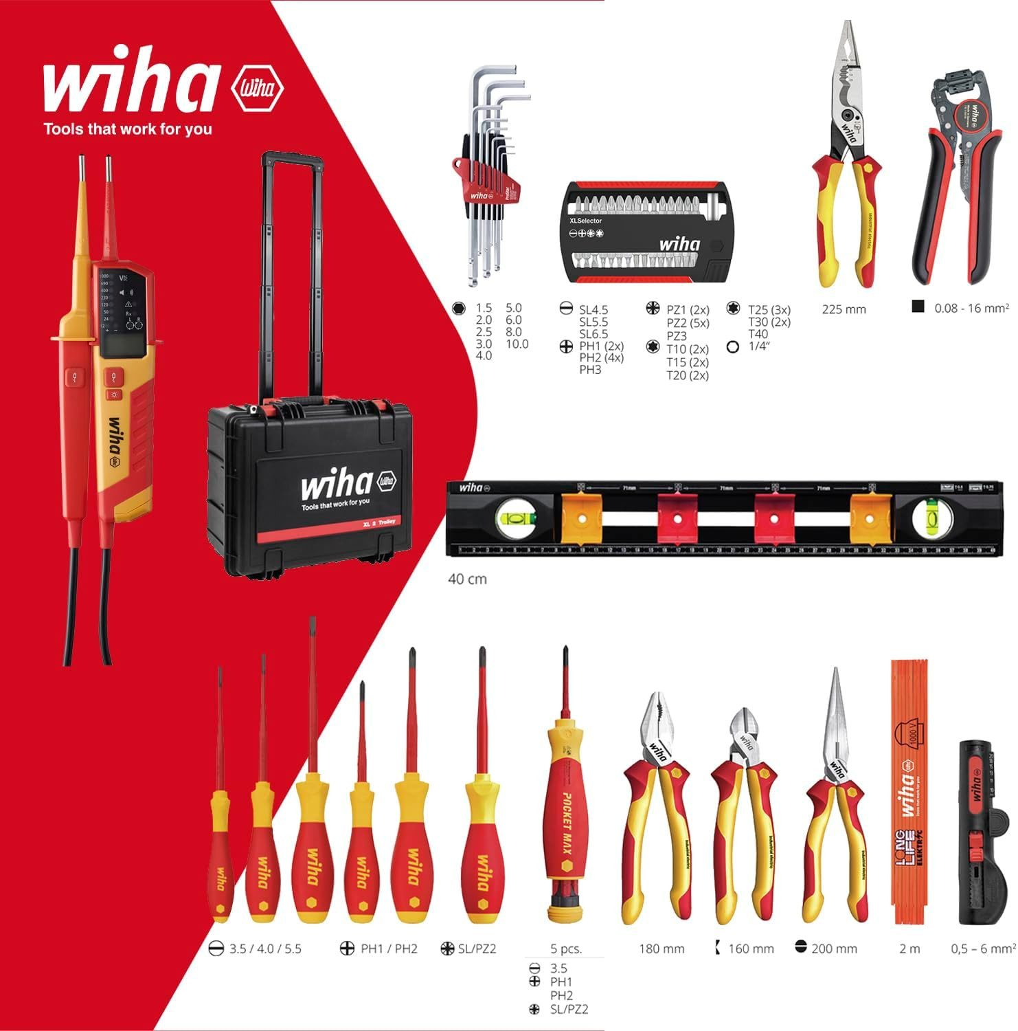 Wiha Werkzeugkoffer XL 2 Trolley (45795) + Spannungsprüfer - 61 tlg., Werkzeugkasten, Durchgangsprüfer für Elektriker