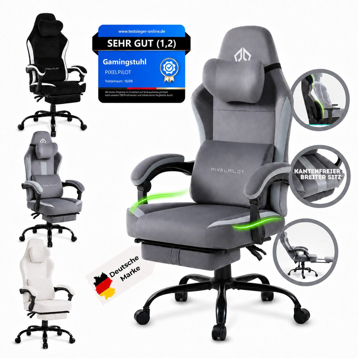 PixelPilot Gaming-Stuhl Ergonomischer Gaming-Stuhl, breite Sitzfläche, Fußstütze, bis 150 kg (Einzelartikel), Ergonomisch, atmungsaktiv, breite Sitzfläche, Rückenlehne 90°-135°