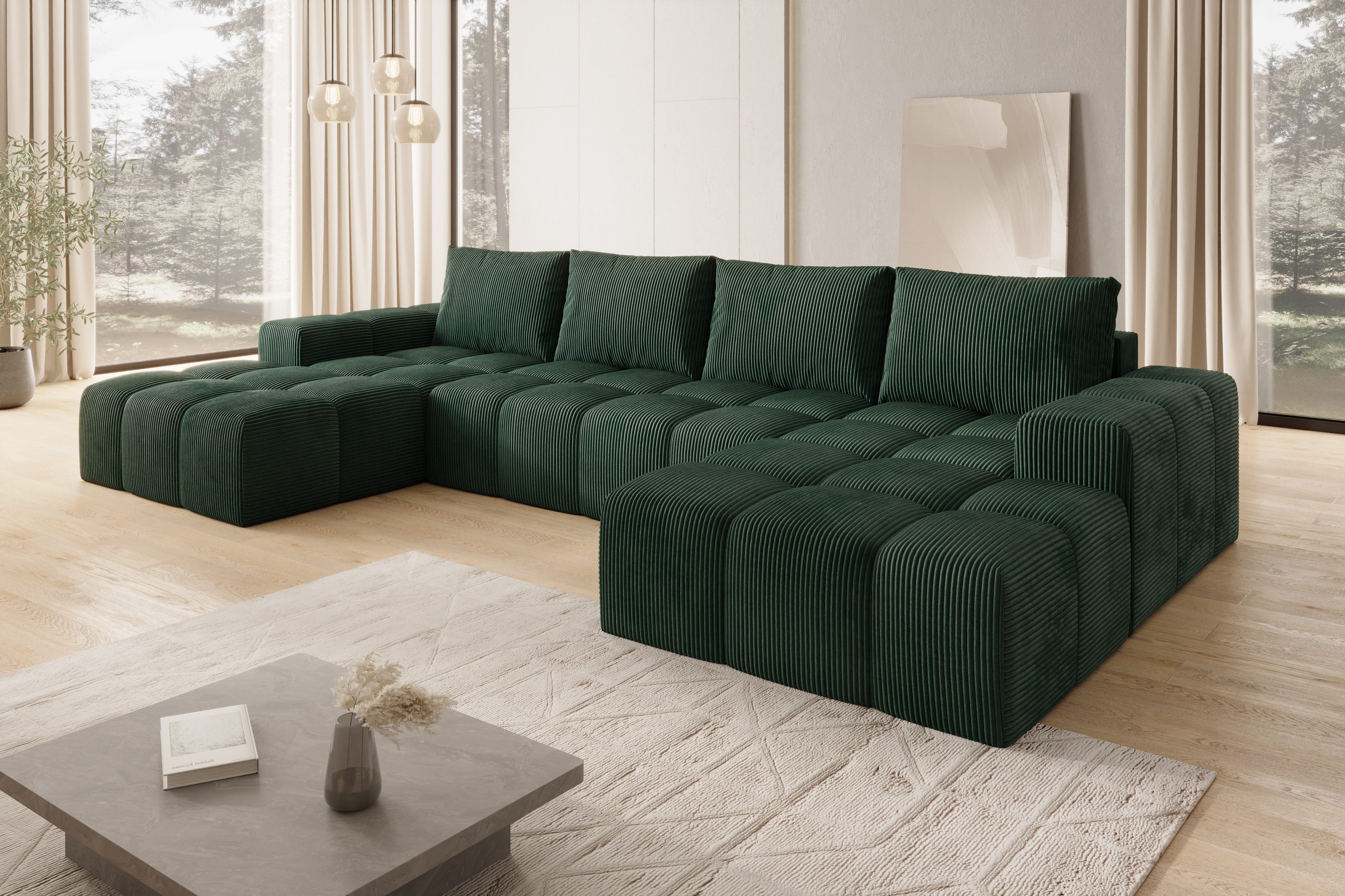 PROMETO Möbel Ecksofa Couch U-Form, Sofa U-Form Teddy-Bouclé, Web oder Cord-Stoff Cento