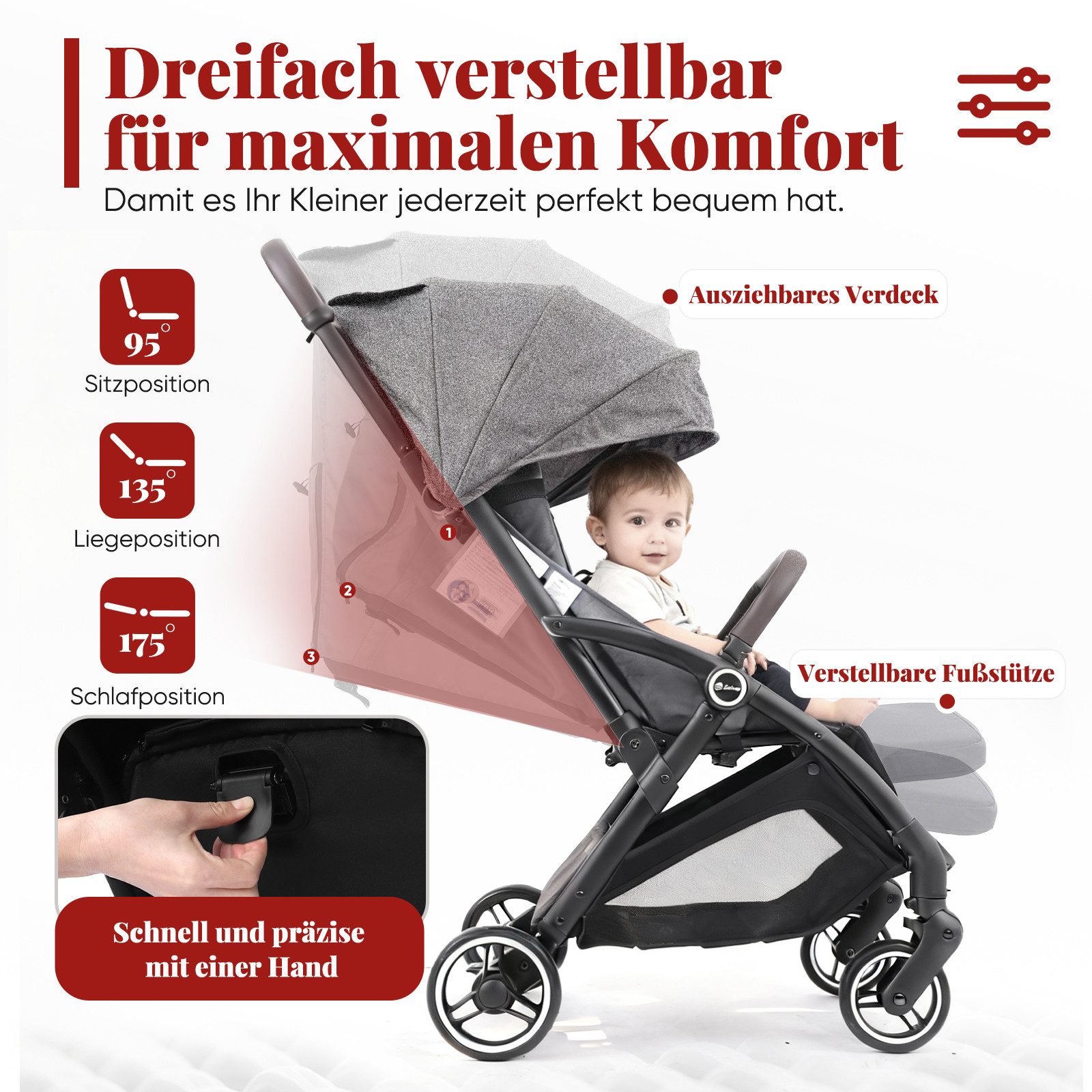 Sekey Kinder-Buggy mit Regenschutz, 3-fach verstellbar Reise Kinderwagen für Flugzeug, Einhand-Faltmechanismus, 4-Rad-Federung, 5-Punkt-Gurt, Sichtfenster