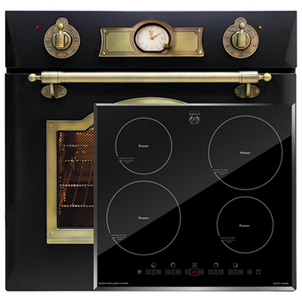 Kaiser Küchengeräte Backofen-Set Herd Set Autark Retro Elektro Einbau Backofen Autark 60cm 67L 8 Funktionen in Schwarz mit Induktionskochfeld 60 cm, Autark,Facettenschliff, Kochfeld 4xQickHeat Kochzonen EH 6355 Em+KCT 6105 FI, mit 1-fach-Teleskopauszug, Katalytische Selbstreinigung