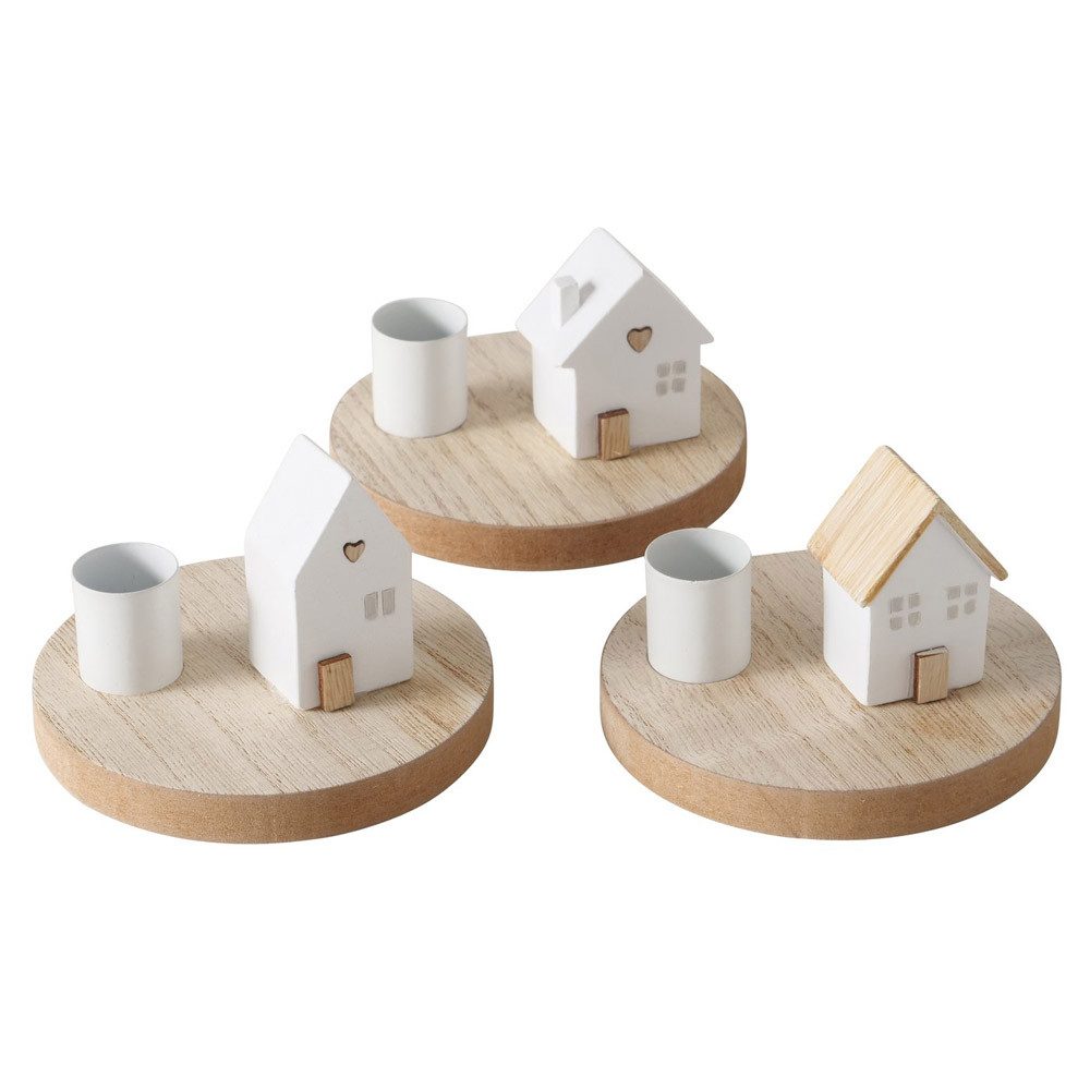 BOLTZE Kerzenhalter 3tlg. Kerzenhalter DOMICIL natur weiß D10cm Holzscheibe mit Haus (3 Mo (Set, 3tlg)