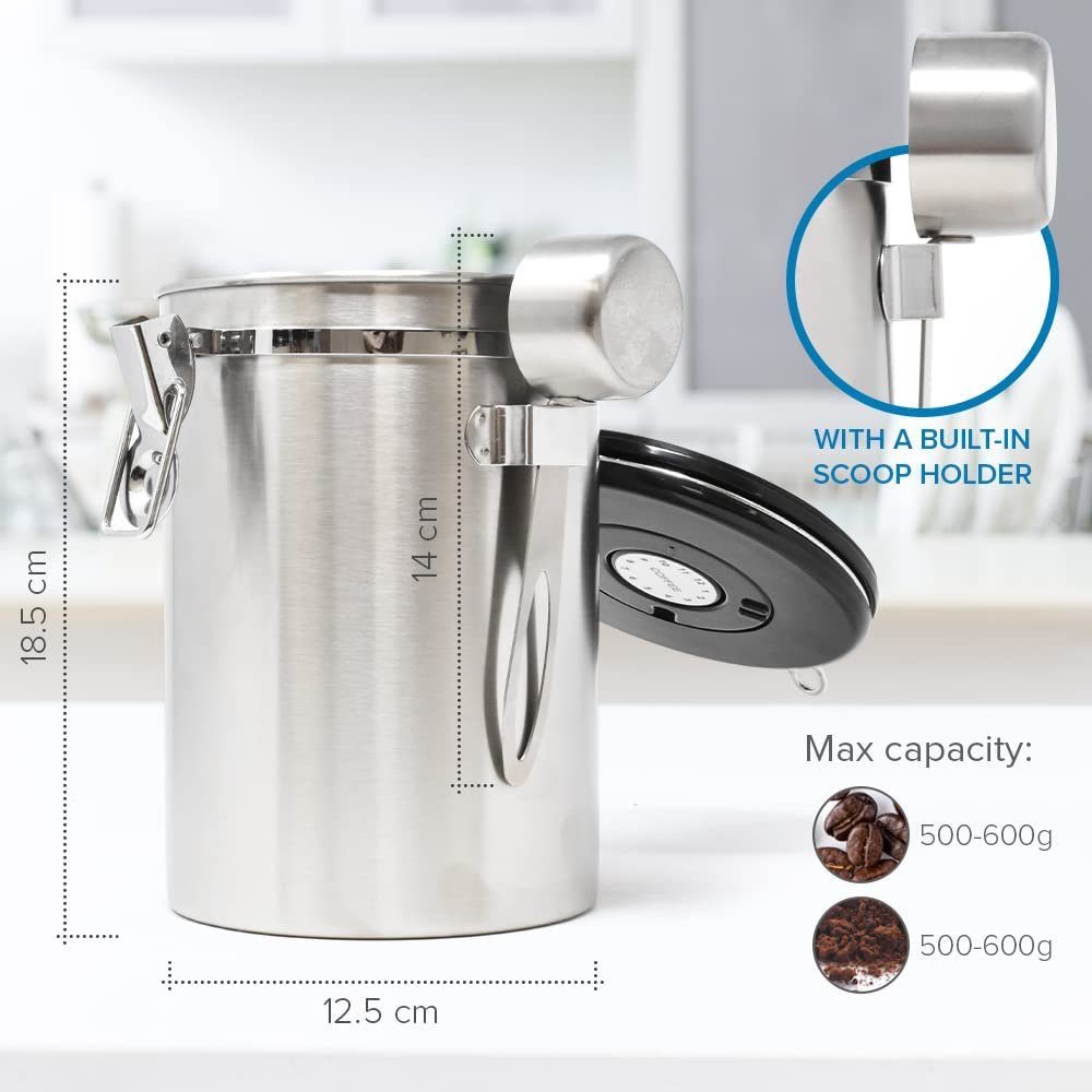 Silber kaffeedose Edelstahl kaffeebohnen Löffel Kaffeedose JOEJI’S 1.8L KITCHEN luftdicht aromadicht