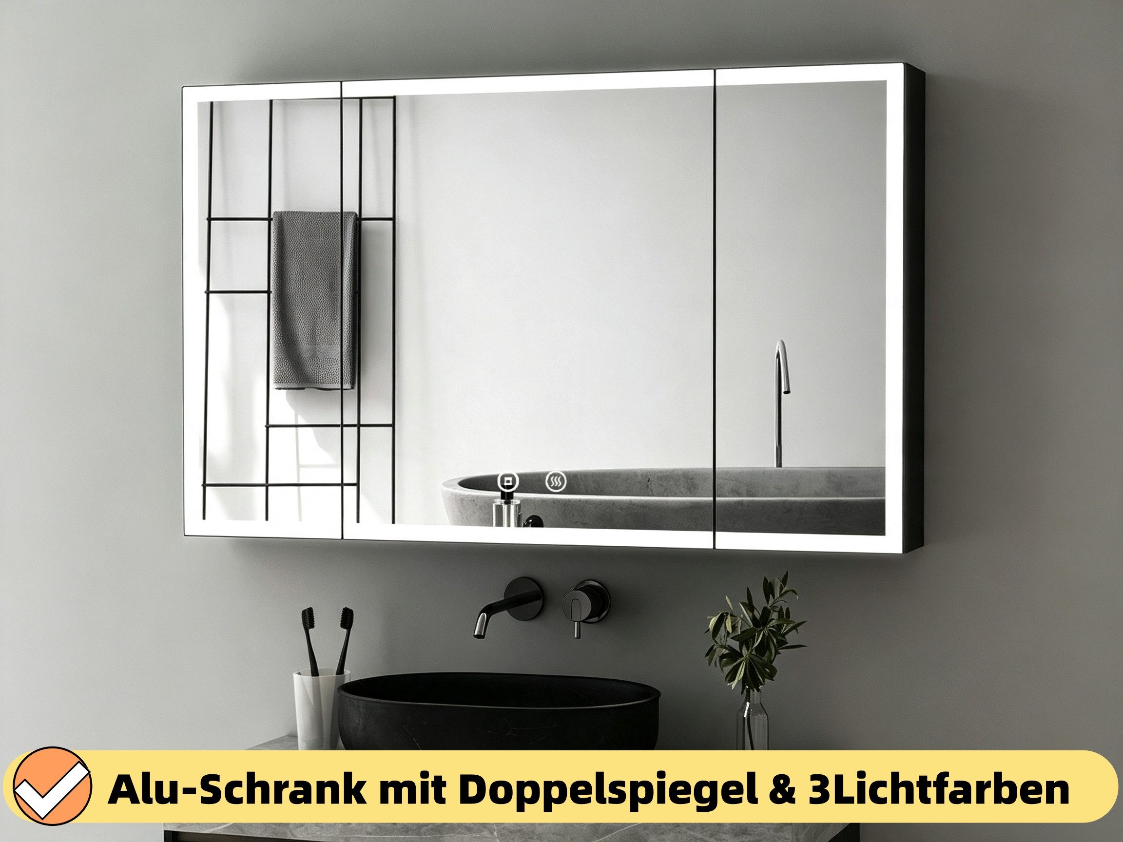 WDWRITTI Spiegelschrank Alu 3türig 120x60 100x60 90x60cm Badezimmerspiegelschrank 3Lichtmodi (Badschrank Schwarz matt Anti-Fog Dimmbar, Alu-Schranktür, Stahl Schrank-Korpus, Doppel Spiegel, Speicherfunktion) mit Netzadapter, vormontiert geliefert,2 Installation