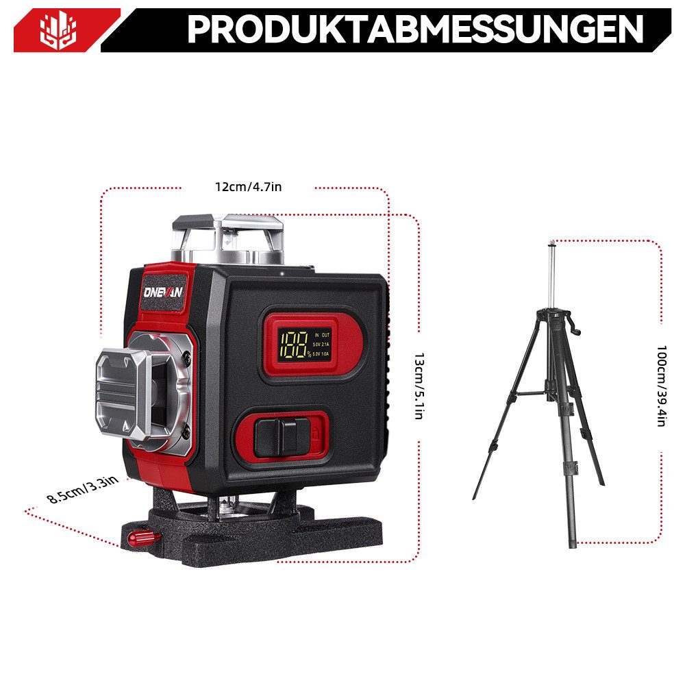 ONEVAN Kreuzlinienlaser + Stativ mit 2 x 4,8Ah Akkus, Laserwasserwaage, (1 St), Selbstnivellierender Baulaser, Bluetooth-App, Fernbedienung, IP54