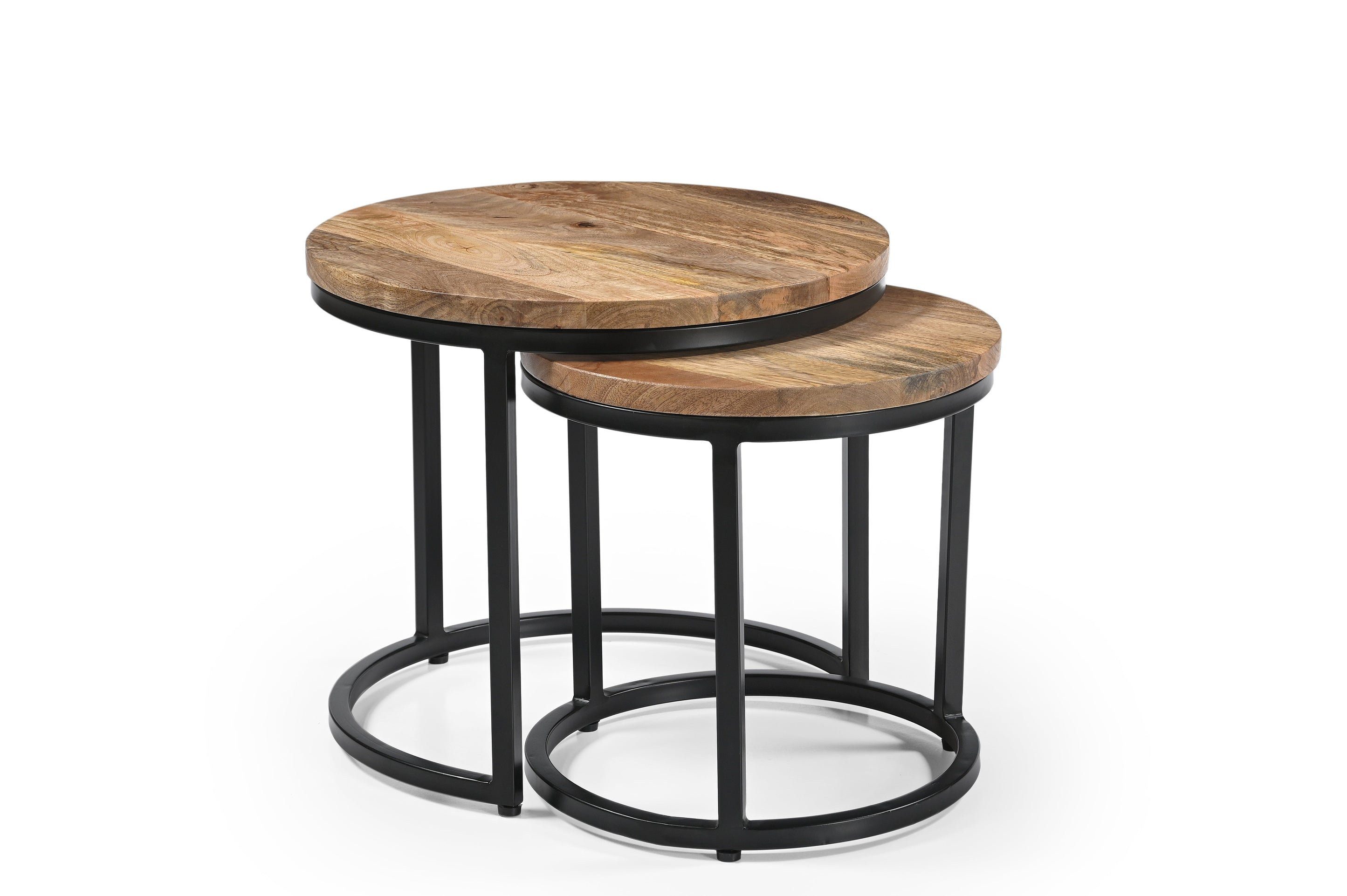 iAnanas Satztisch Satztisch rund aus Massivmangoholz Metallbeinen Industrial Wohnzimmer (Runder Sofatisch 2er Set Massivholz Beistelltische Industrial Design, 2-St., Satztisch-Set), 2er Couchtisch Set Rund Holz Beistelltische Modern Loft Design