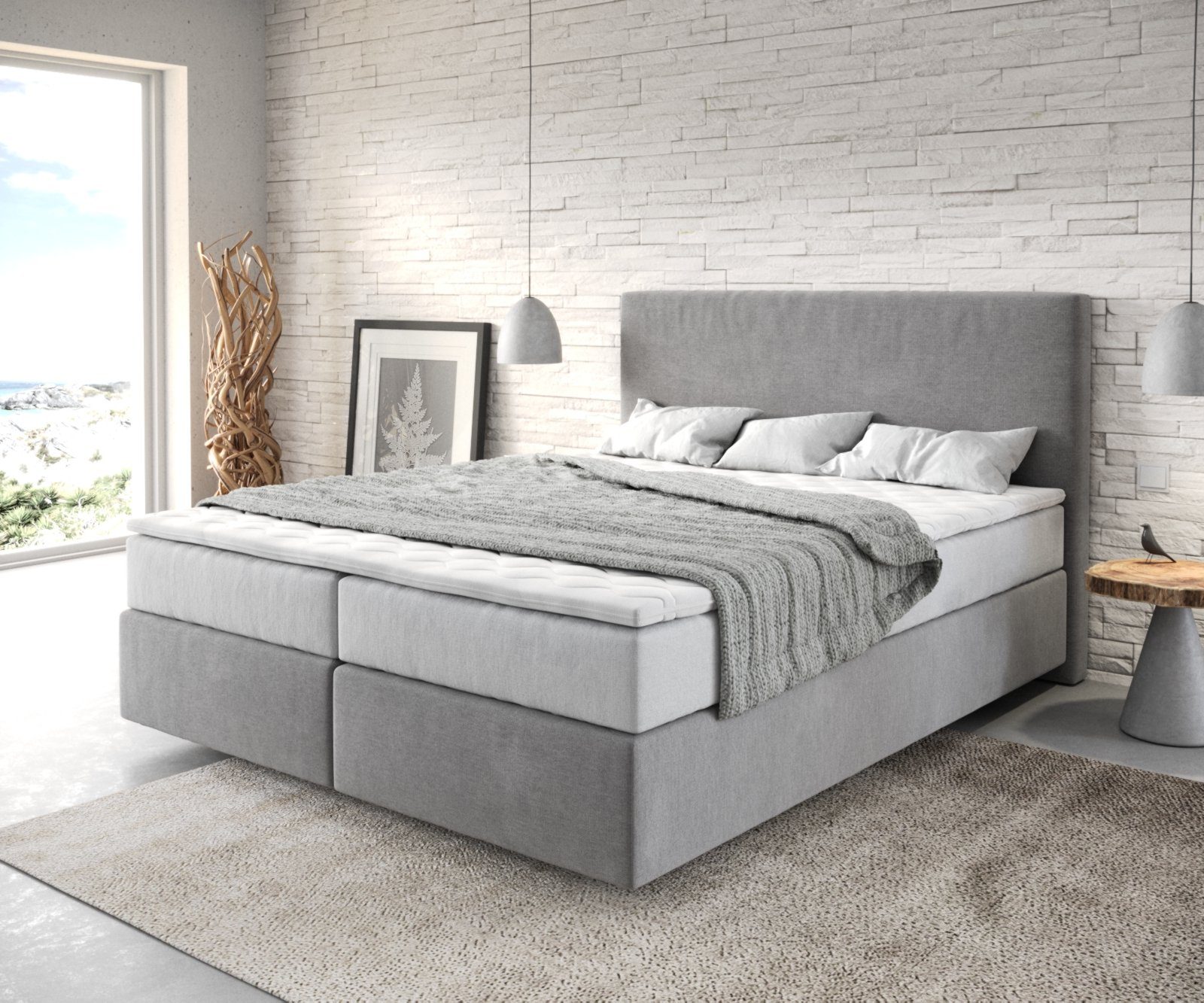 DELIFE Boxspringbett Dream-Well, Mikrofaser Grau 160x200 cm mit TFK Matratze und Visco Topper