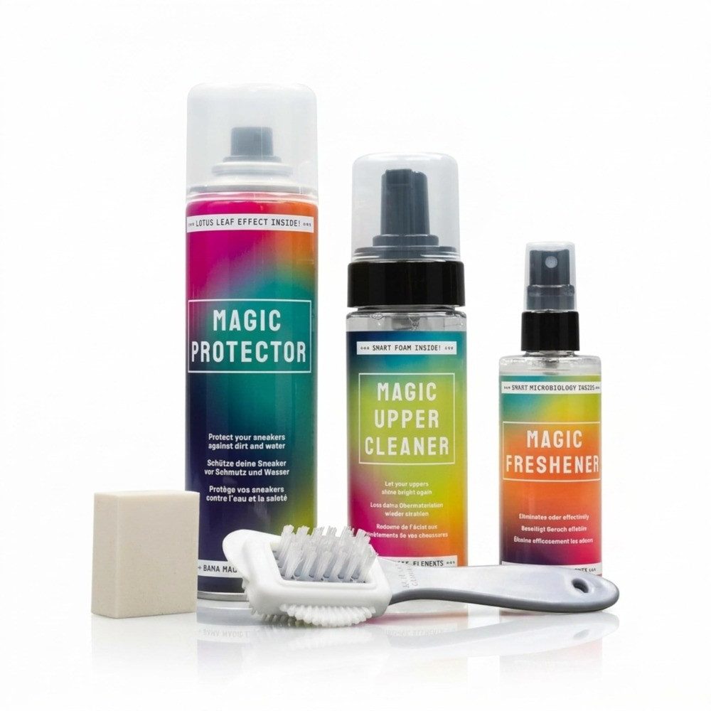 BAMA Group BAMA Magic Schuh Reinigungs- und Pflegeset 5-teilig Schuhreiniger (Spar-Set, [5-St. 1×Protector 200ml 1×Cleaner 150ml 1×Freshener 100ml 1× Bürste 1×Gummi)