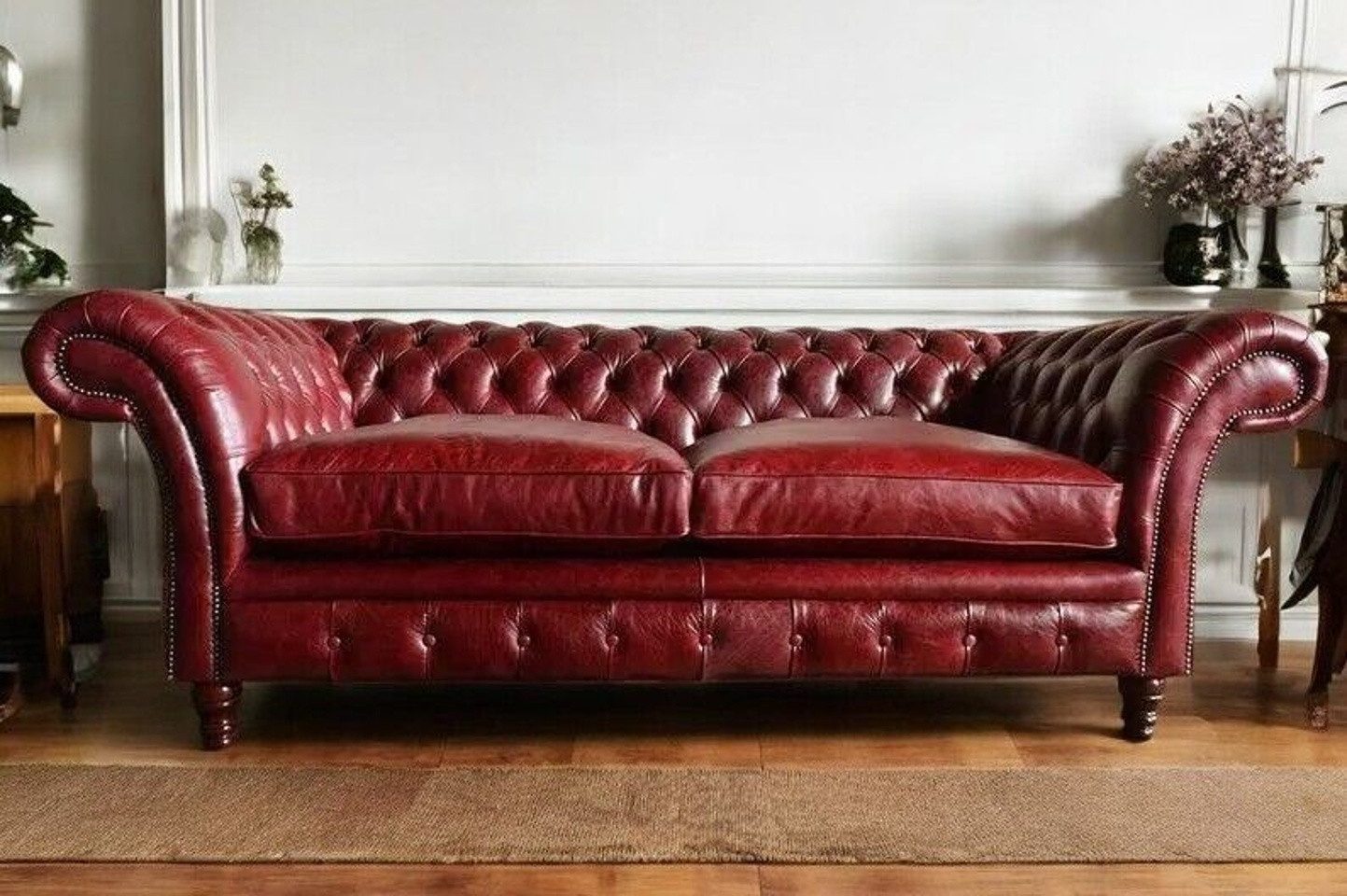Xlmoebel Chesterfield-Sofa Bordeaux 3-Sitzer Chesterfield Ledersofa Sofort, Made in Europa