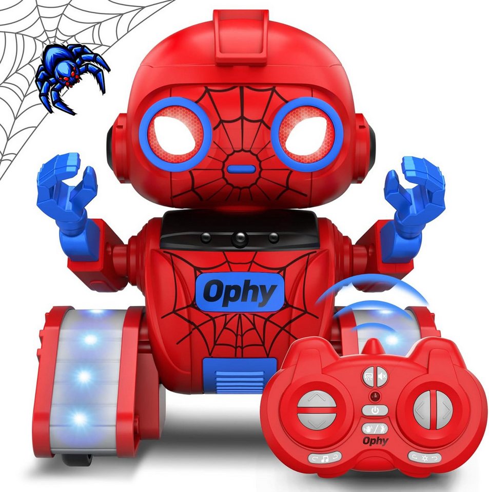 Ophy RC-Roboter RC-Spider-Roboter für Kinder – wiederaufladbar (mit LED-Augen & Musik, Gestensensor & Projektion), Spielzeug ab 3–8 Jahren, rot (für Jungen & Mädchen)