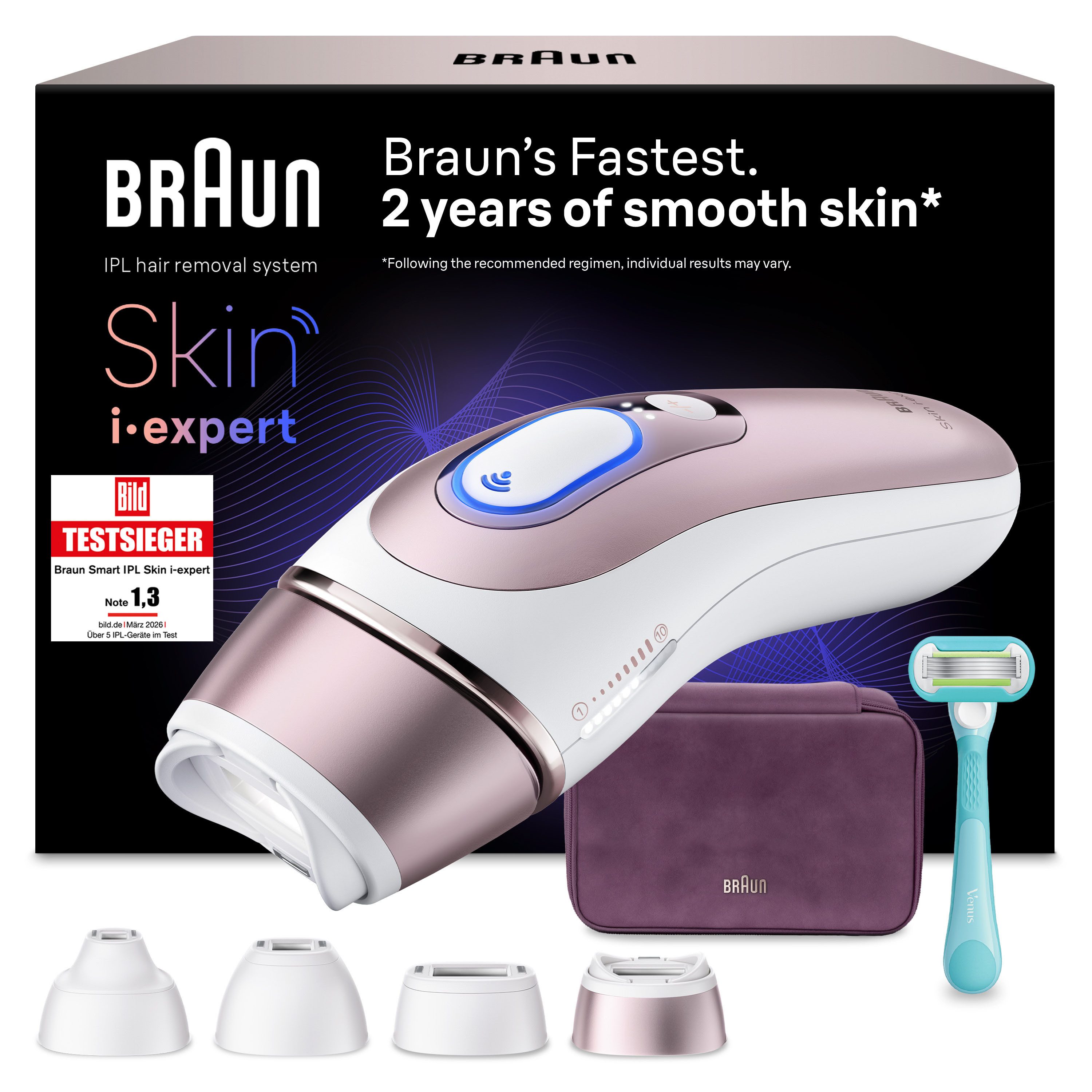 Braun IPL-Haarentferner Braun Smart IPL Skin i·expert PL7431, Tasche, Venus-Rasierer, 4 Aufsätze, kostenlose App, Laser-Haarentfernung für zu Hause, Dauerhafte Haarreduzierung