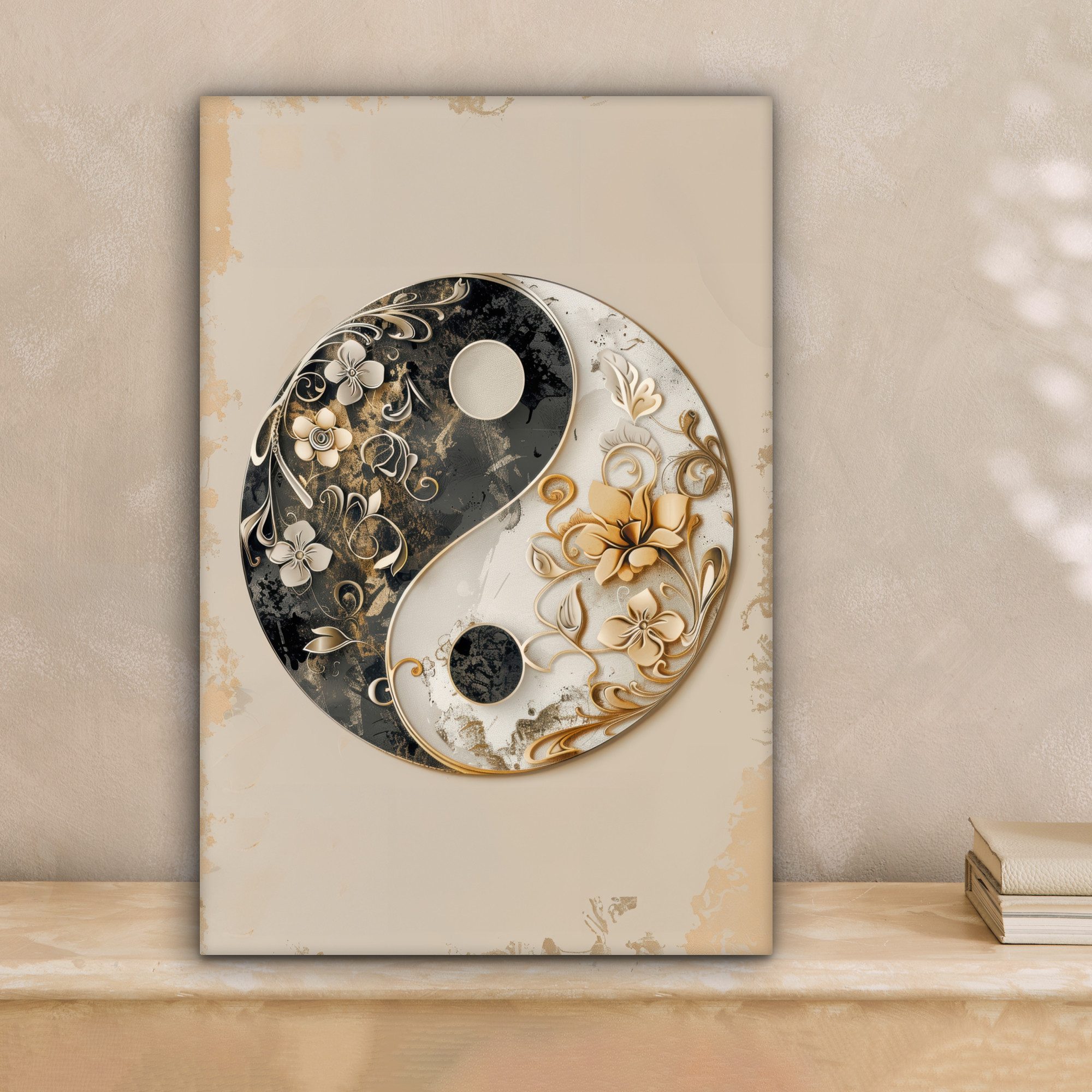 OneMillionCanvasses® Leinwandbild Yin Yang - Blumen - Schwarz - Weiß - Vint günstig online kaufen